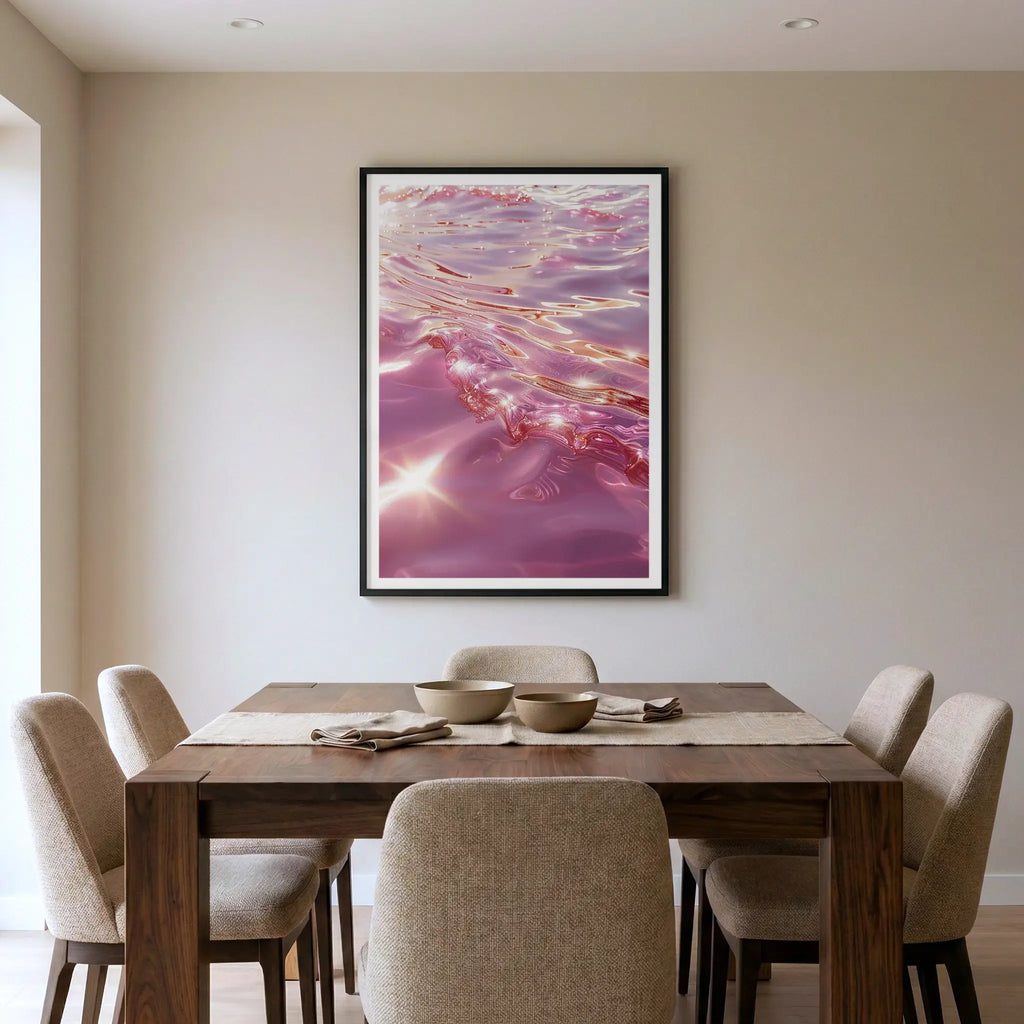 Framed abstract pink ocean art print with shimmering water, titled Marmoris displayed in dining room