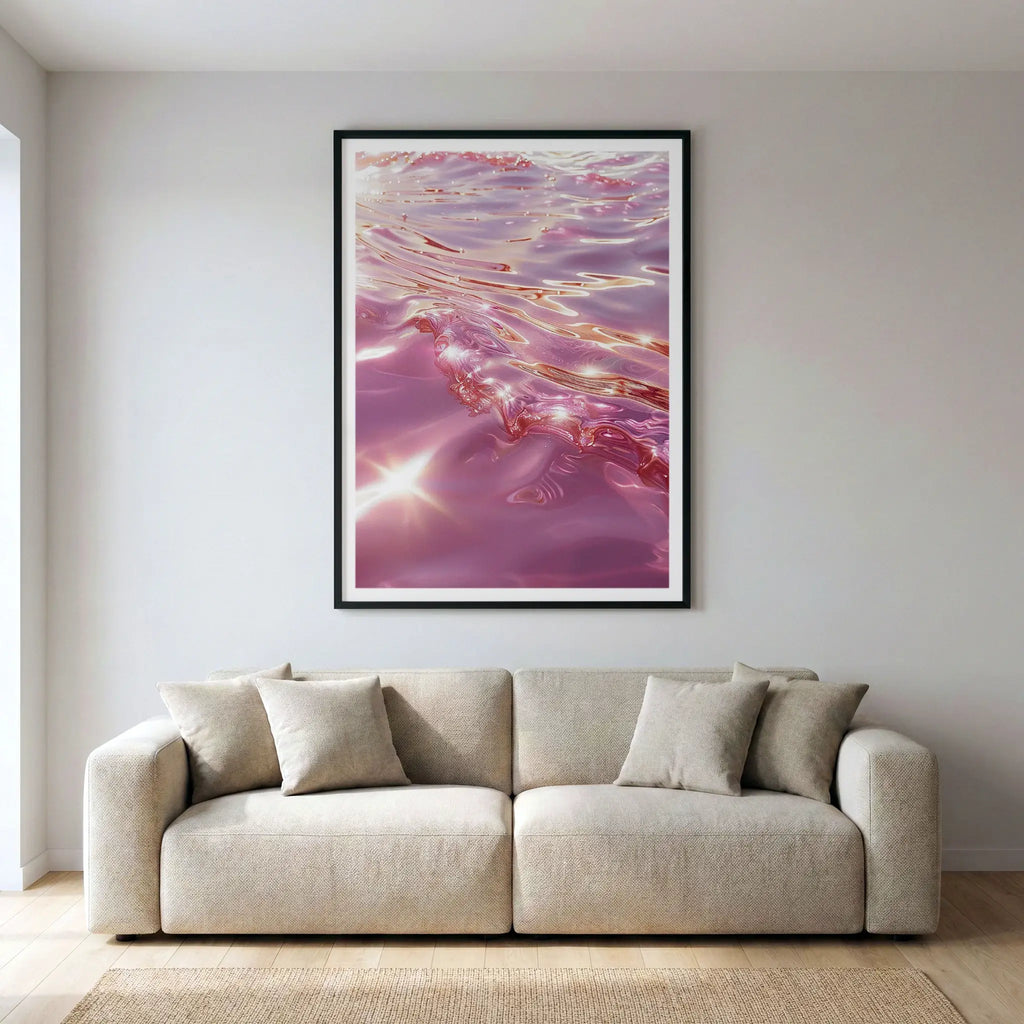 Framed abstract pink ocean art print with shimmering water, titled Marmoris displayed in living room