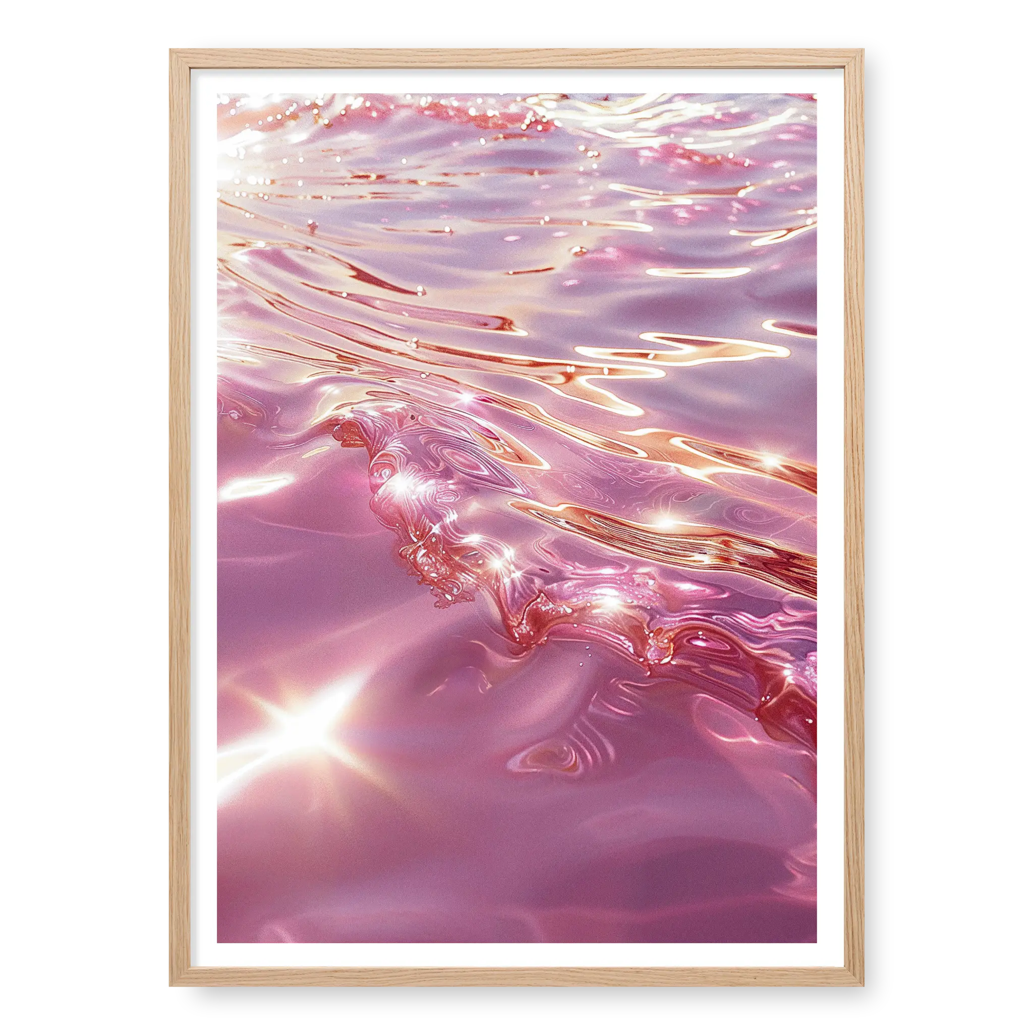 Close-up abstract view of rippling ocean water in shades of pink and rose gold with bright sun glints, art print titled Marmoris in natural oak frame