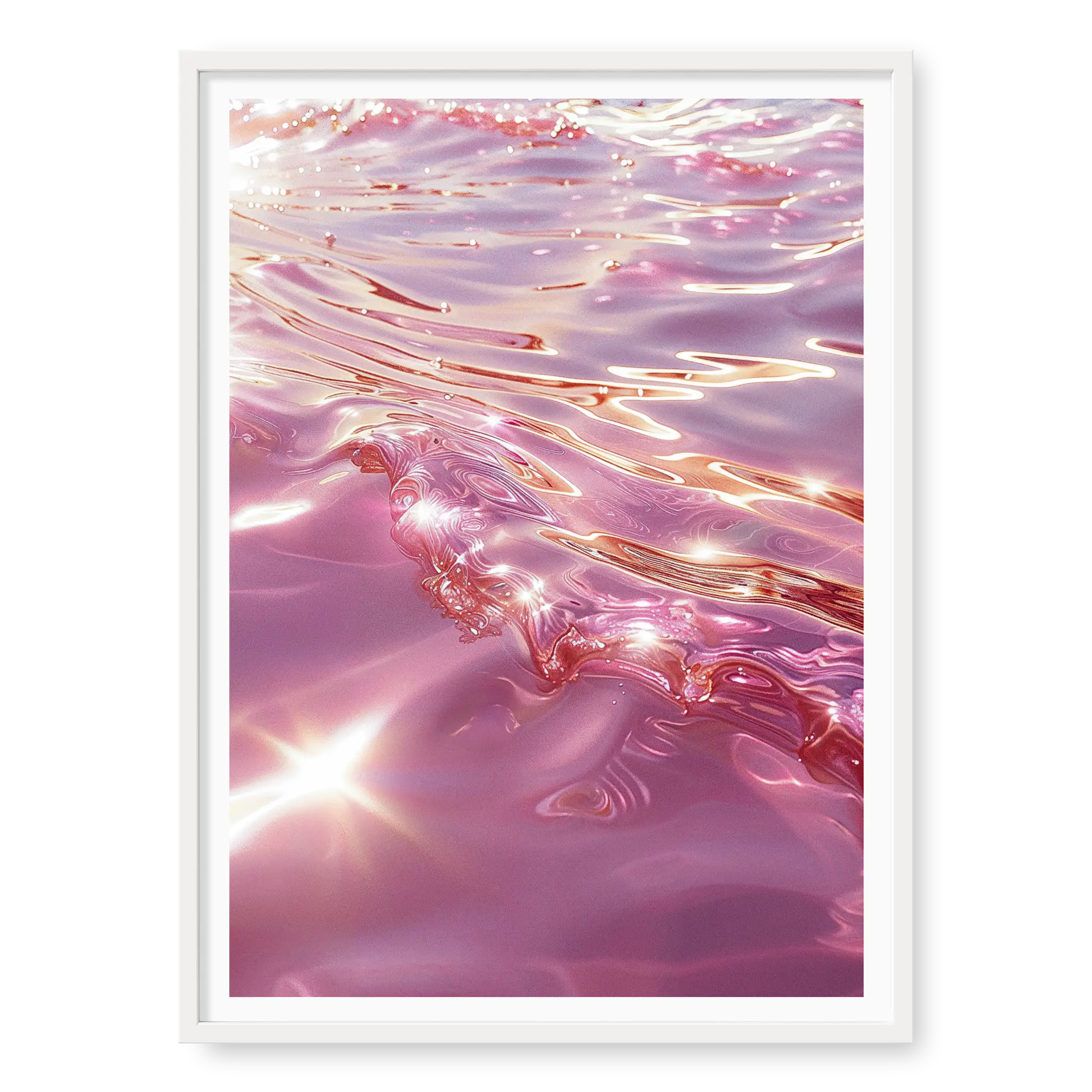 Close-up abstract view of rippling ocean water in shades of pink and rose gold with bright sun glints, art print titled Marmoris in white frame