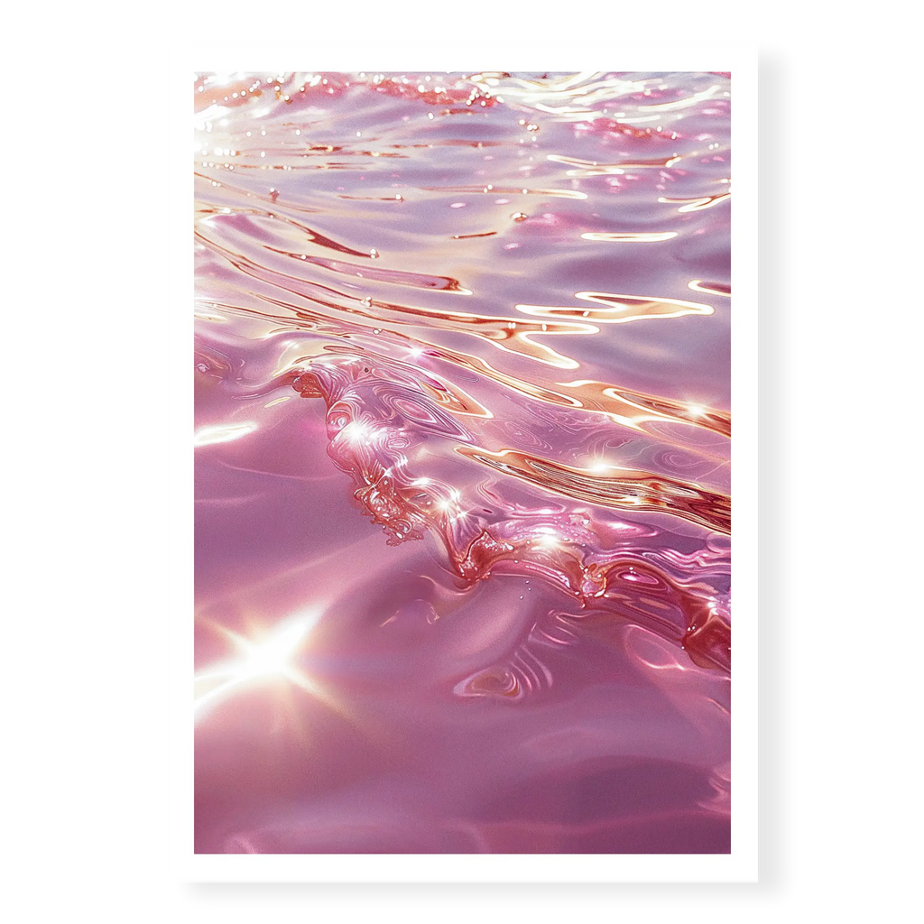 Close-up abstract view of rippling ocean water in shades of pink and rose gold with bright sun glints, art print titled Marmoris