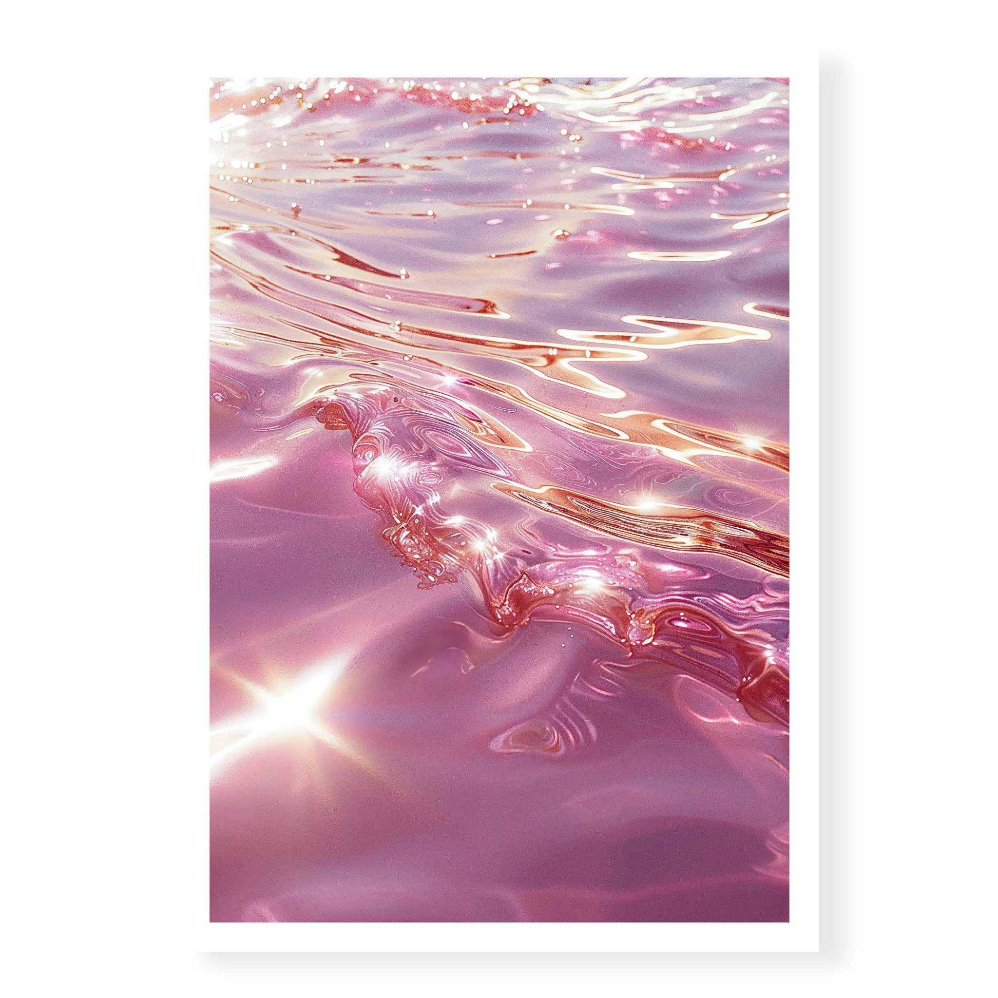 Close-up abstract view of rippling ocean water in shades of pink and rose gold with bright sun glints, art print titled Marmoris