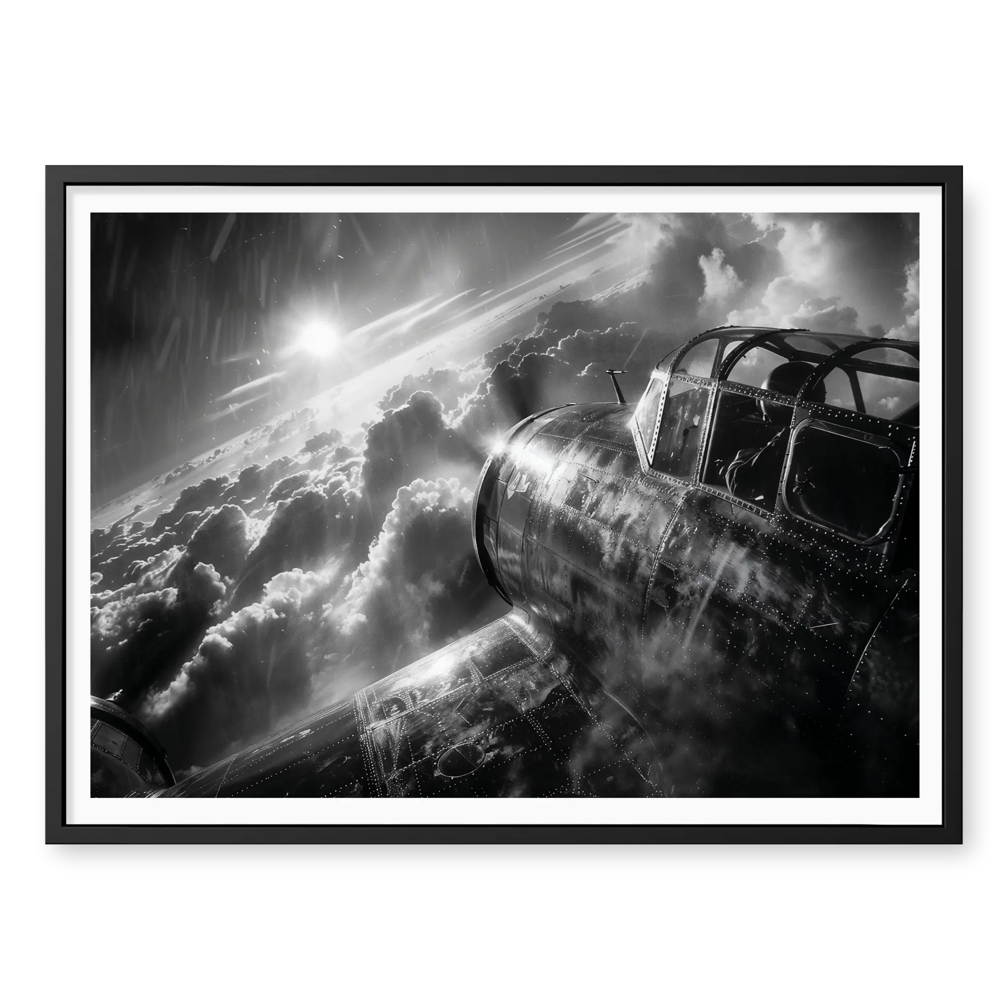 lose-up view of a WWII bomber cockpit flying high above cloud layers with bright sun rays and visible rivets, black and white art print titled Masters of the Air in black frame