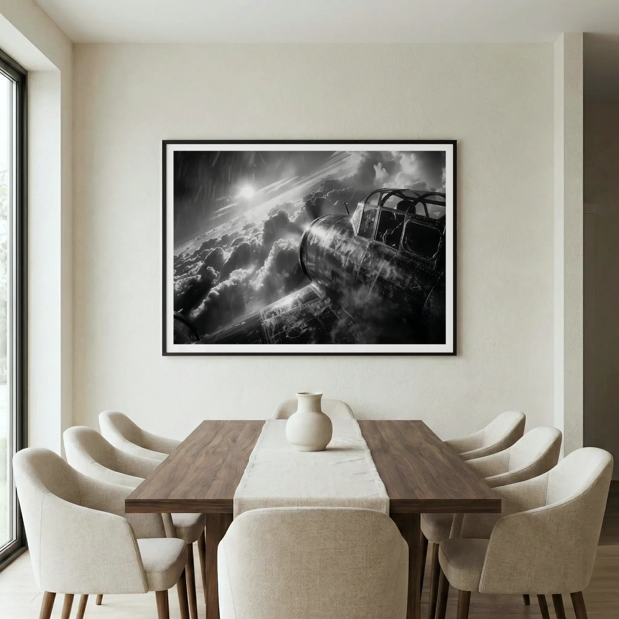 Framed black and white aviation art print with vintage bomber plane, titled Masters of the Air displayed in dining room