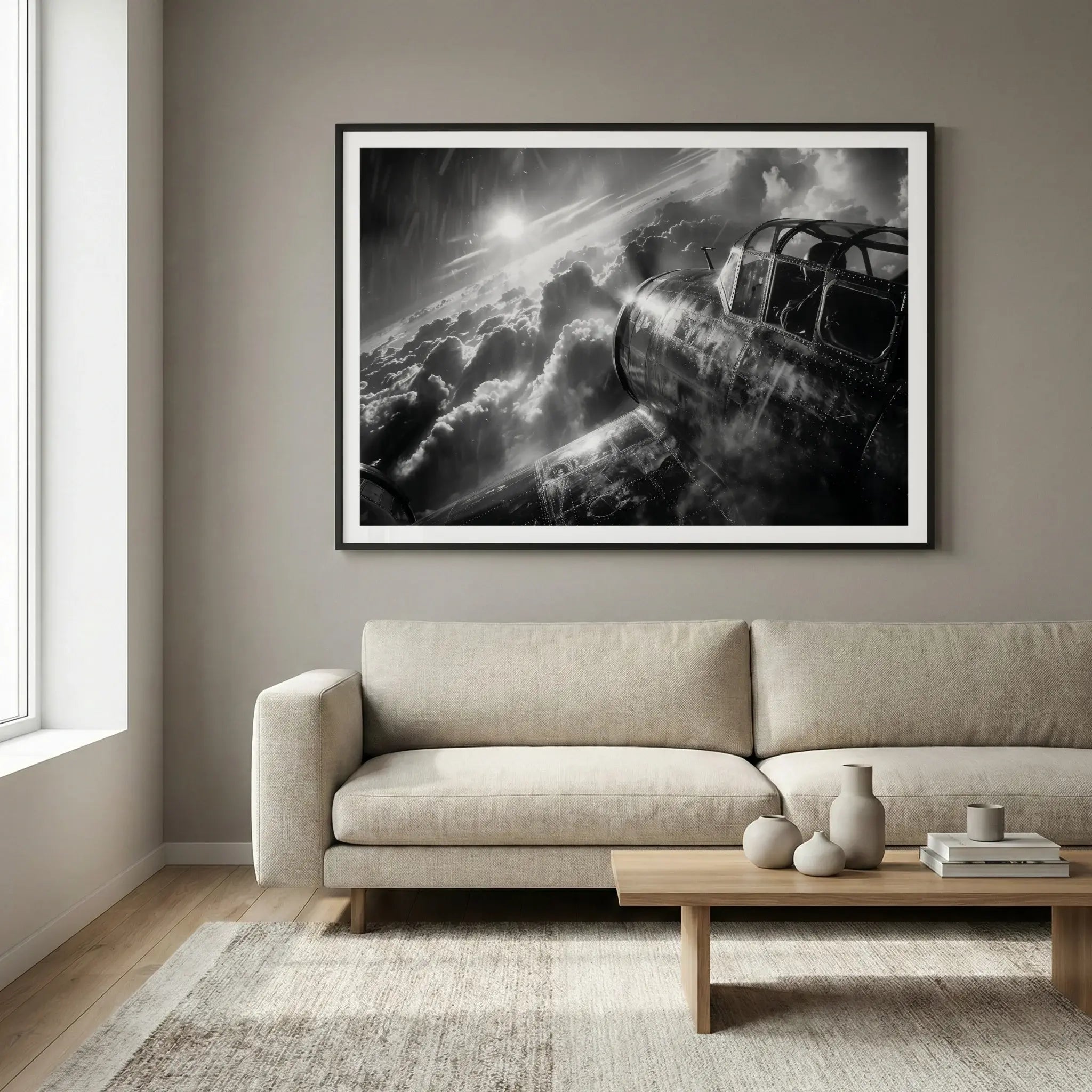 Framed black and white aviation art print with vintage bomber plane, titled Masters of the Air displayed in living room