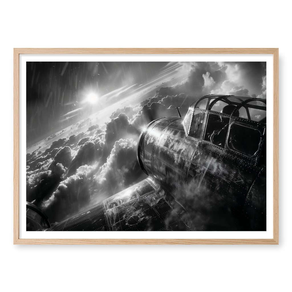 Close-up view of a WWII bomber cockpit flying high above cloud layers with bright sun rays and visible rivets, black and white art print titled Masters of the Air in natural oak frame