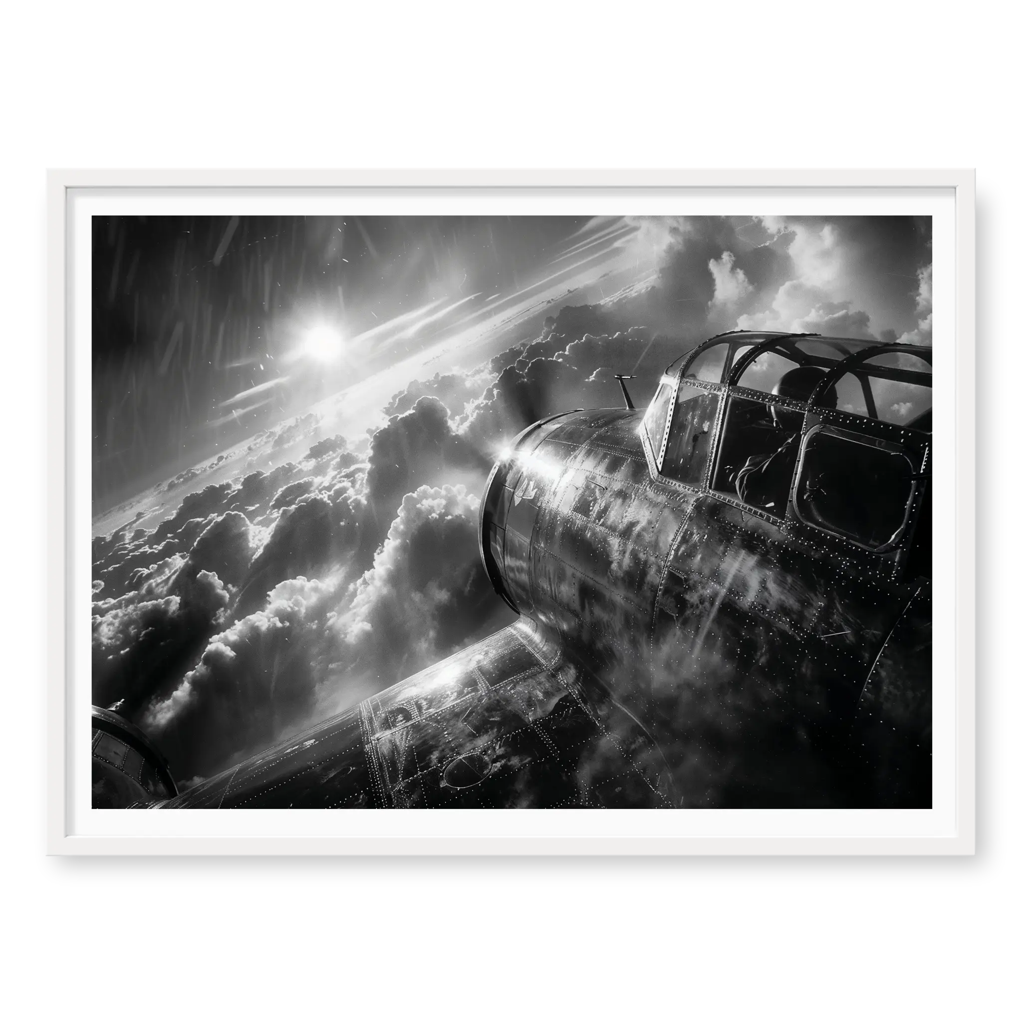 Close-up view of a WWII bomber cockpit flying high above cloud layers with bright sun rays and visible rivets, black and white art print titled Masters of the Air in white frame