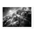 Close-up view of a WWII bomber cockpit flying high above cloud layers with bright sun rays and visible rivets, black and white art print titled Masters of the Air