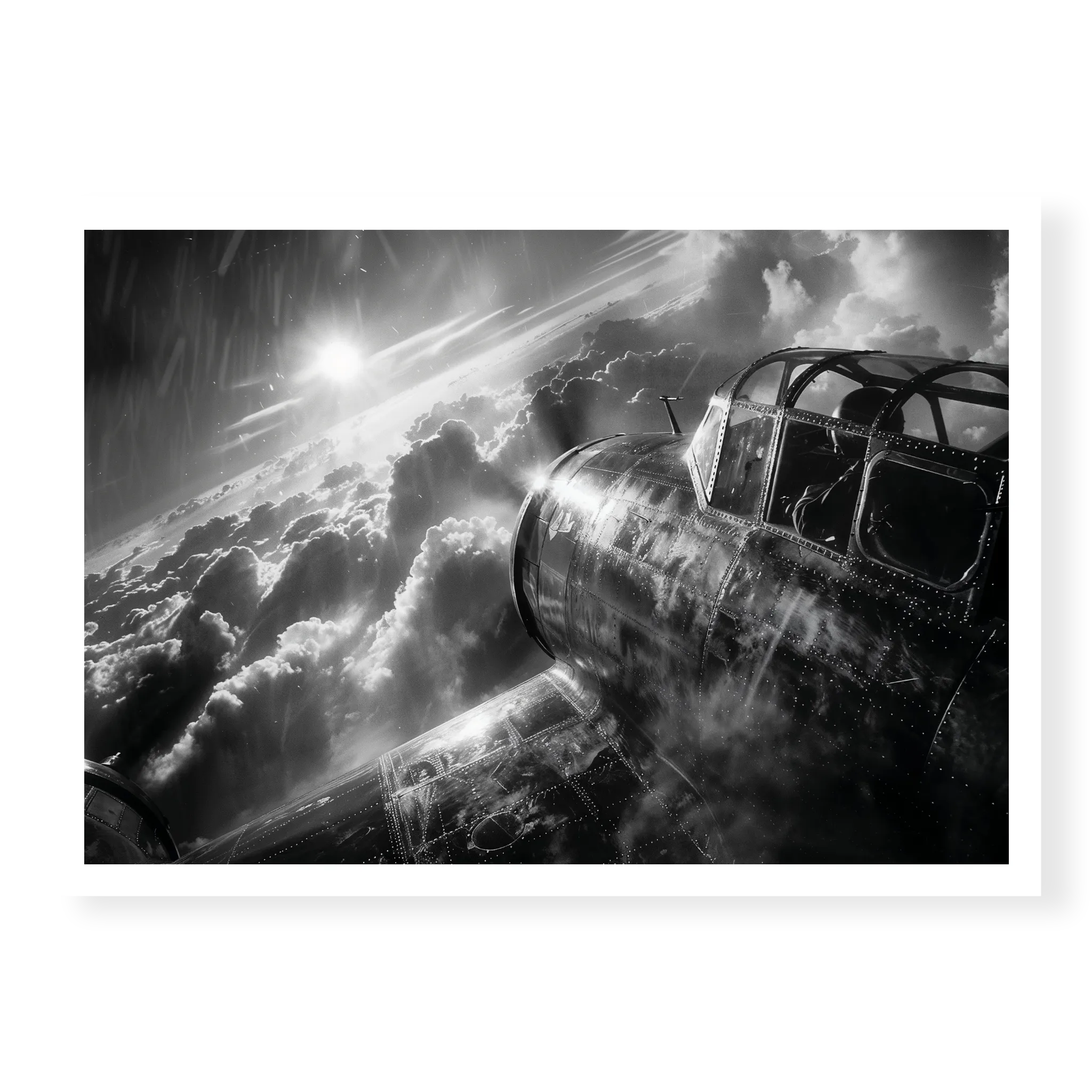 Close-up view of a WWII bomber cockpit flying high above cloud layers with bright sun rays and visible rivets, black and white art print titled Masters of the Air