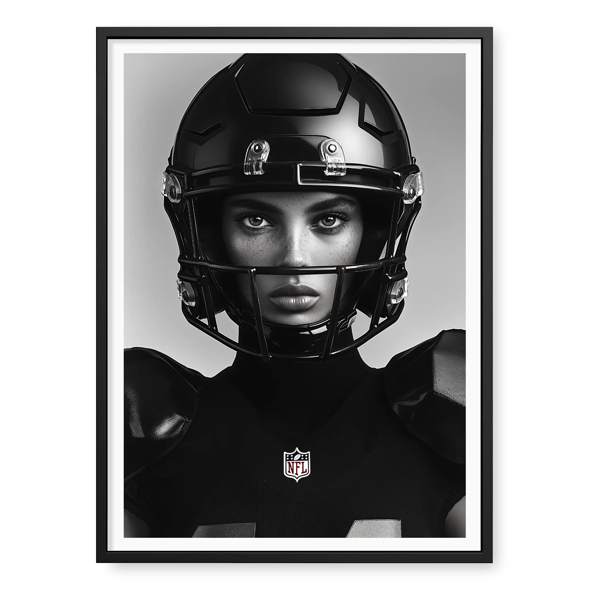 Close-up front-facing portrait of a female American football player wearing a glossy black helmet and pads with the NFL logo, black and white art print titled Modern Gladiator in black frame