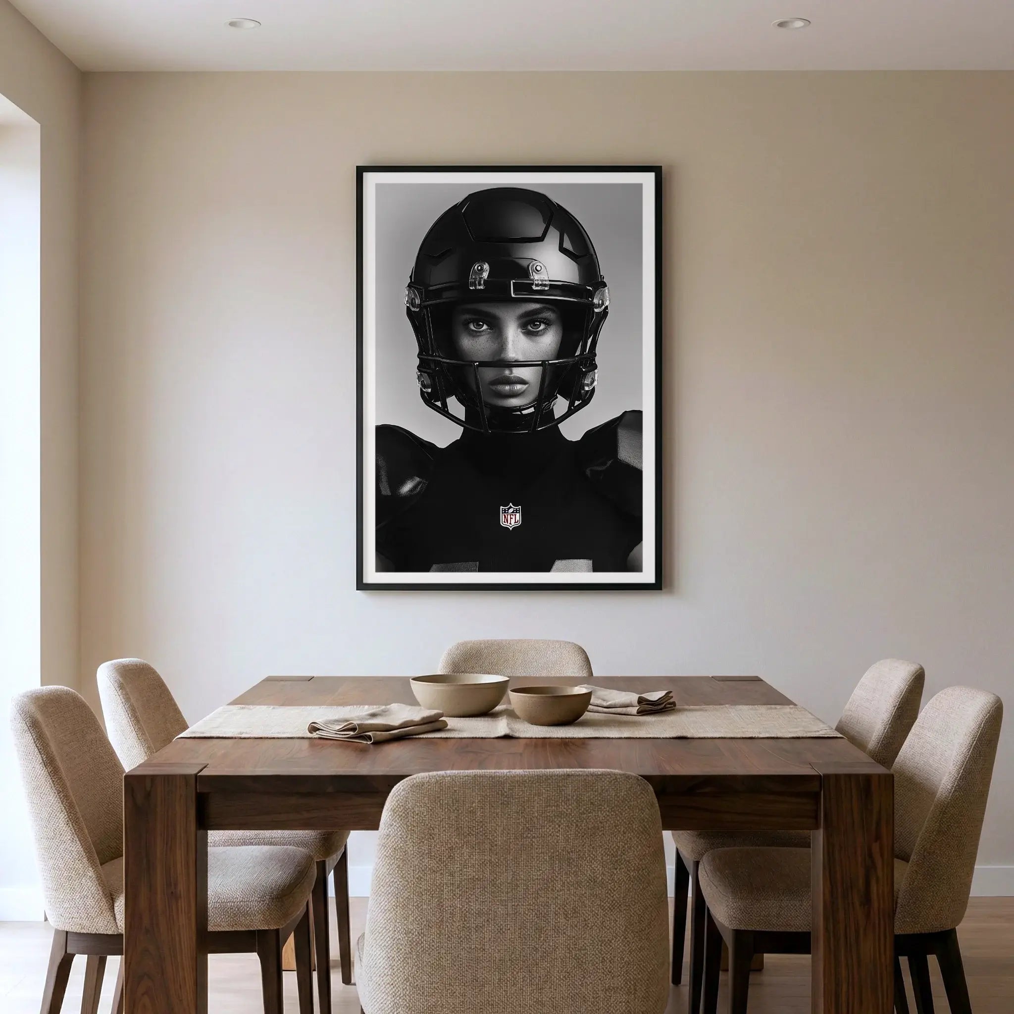 Framed black and white sports art print with female football player, titled Modern Gladiator displayed in dining room