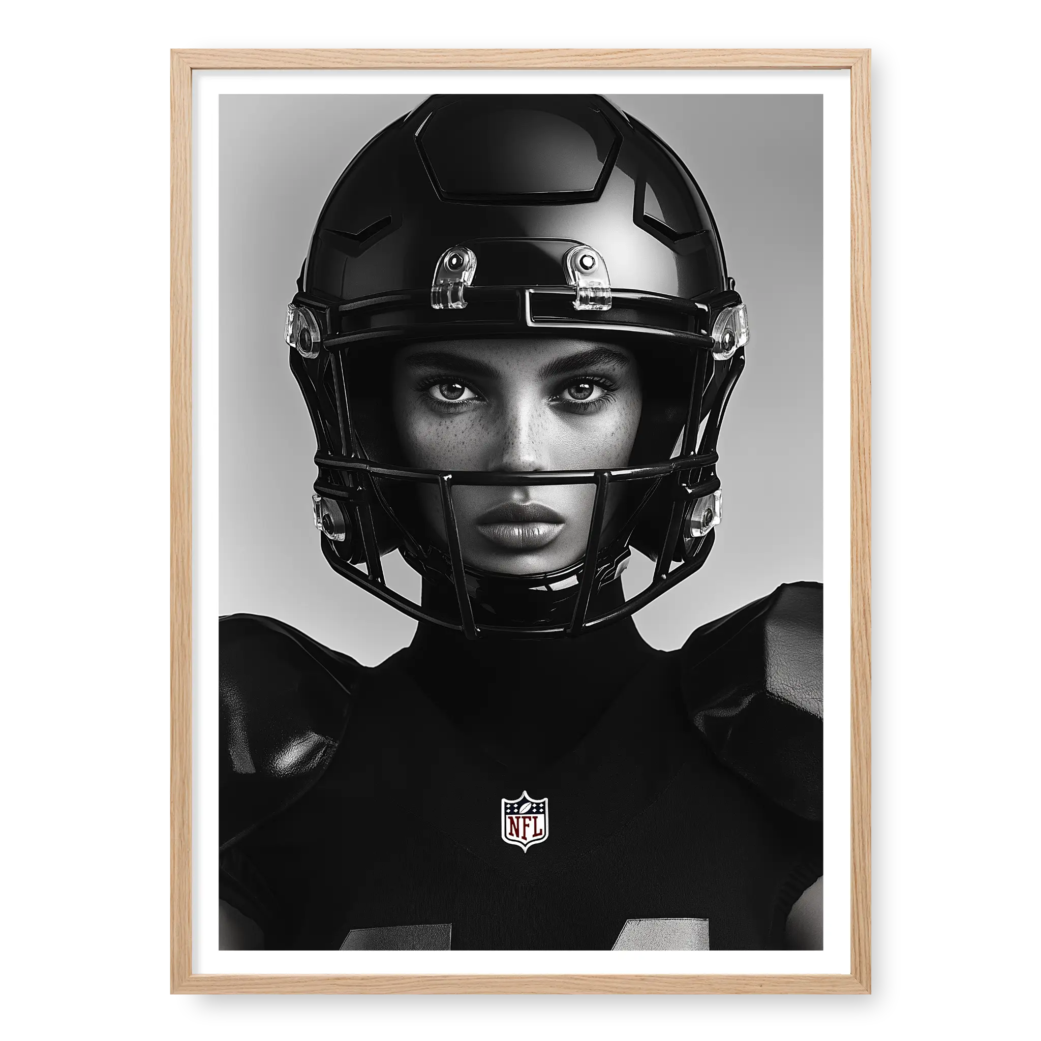 Close-up front-facing portrait of a female American football player wearing a glossy black helmet and pads with the NFL logo, black and white art print titled Modern Gladiator in natural oak frame
