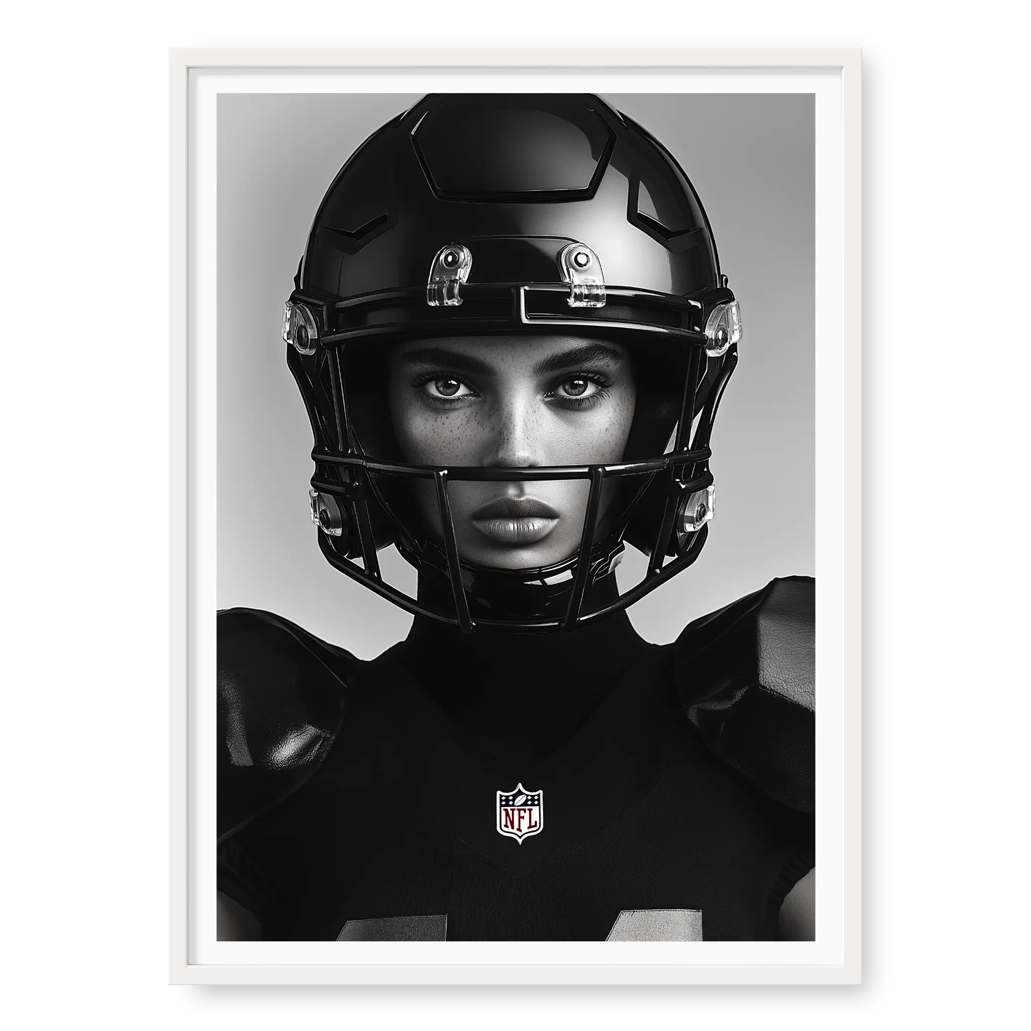 Close-up front-facing portrait of a female American football player wearing a glossy black helmet and pads with the NFL logo, black and white art print titled Modern Gladiator in white frame
