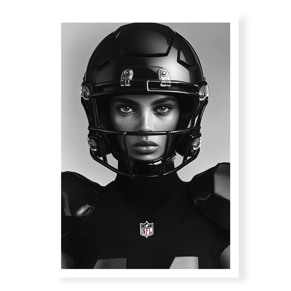 Close-up front-facing portrait of a female American football player wearing a glossy black helmet and pads with the NFL logo, black and white art print titled Modern Gladiator
