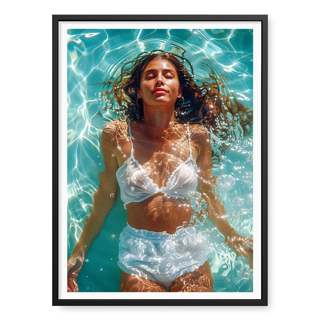 Top-down view of a woman in white swimwear floating peacefully in bright blue pool water with sun ripples, art print titled Paradise in black frame
