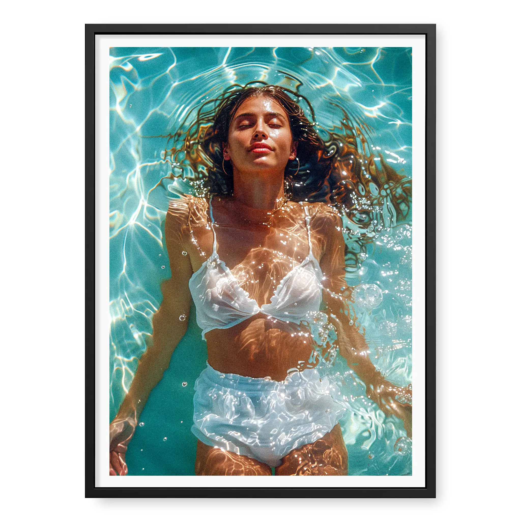 Top-down view of a woman in white swimwear floating peacefully in bright blue pool water with sun ripples, art print titled Paradise in black frame
