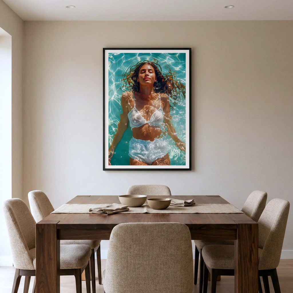 Framed summer art print with woman floating in a pool, titled Paradise displayed in dining room