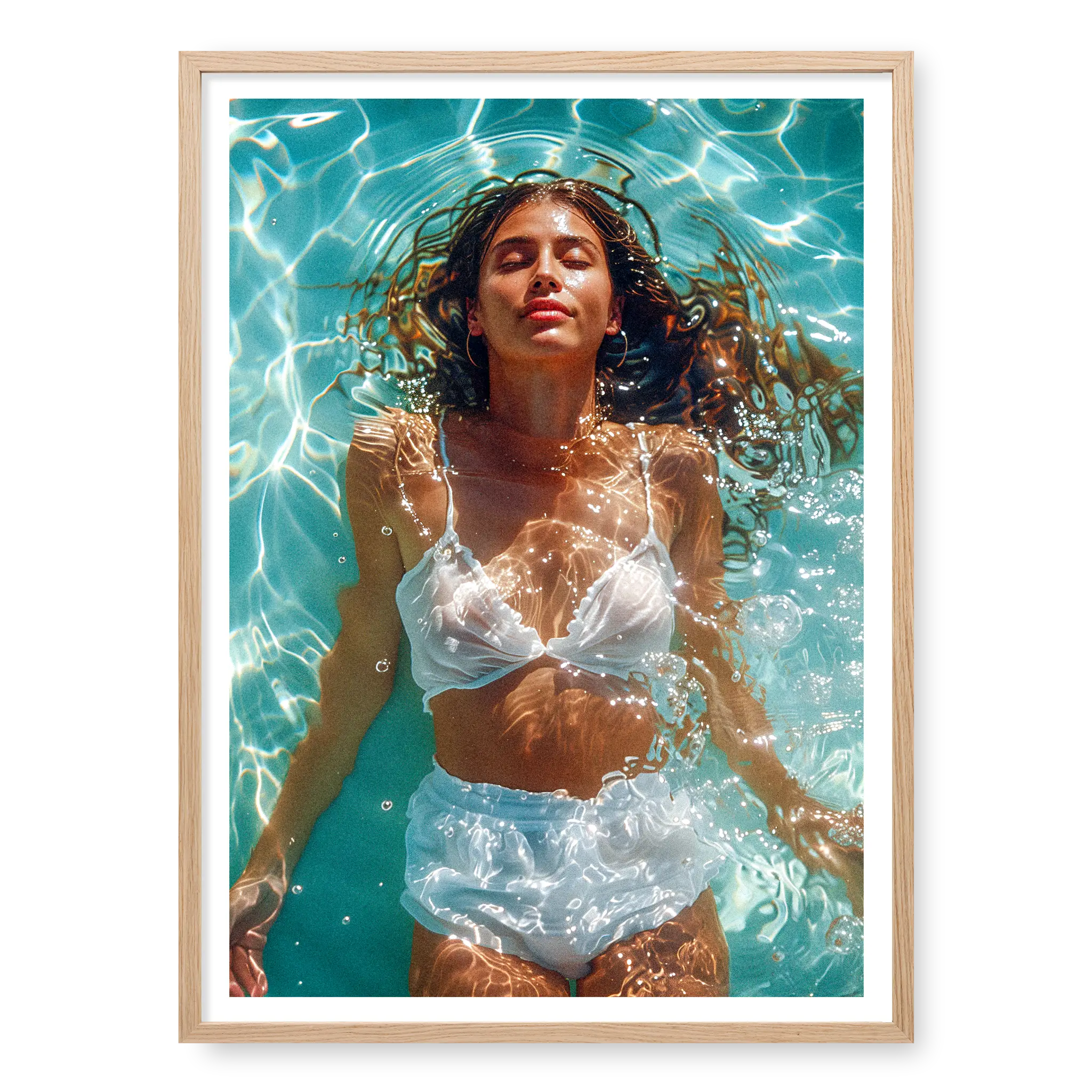 Top-down view of a woman in white swimwear floating peacefully in bright blue pool water with sun ripples, art print titled Paradise in natural oak frame