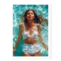 Top-down view of a woman in white swimwear floating peacefully in bright blue pool water with sun ripples, art print titled Paradise