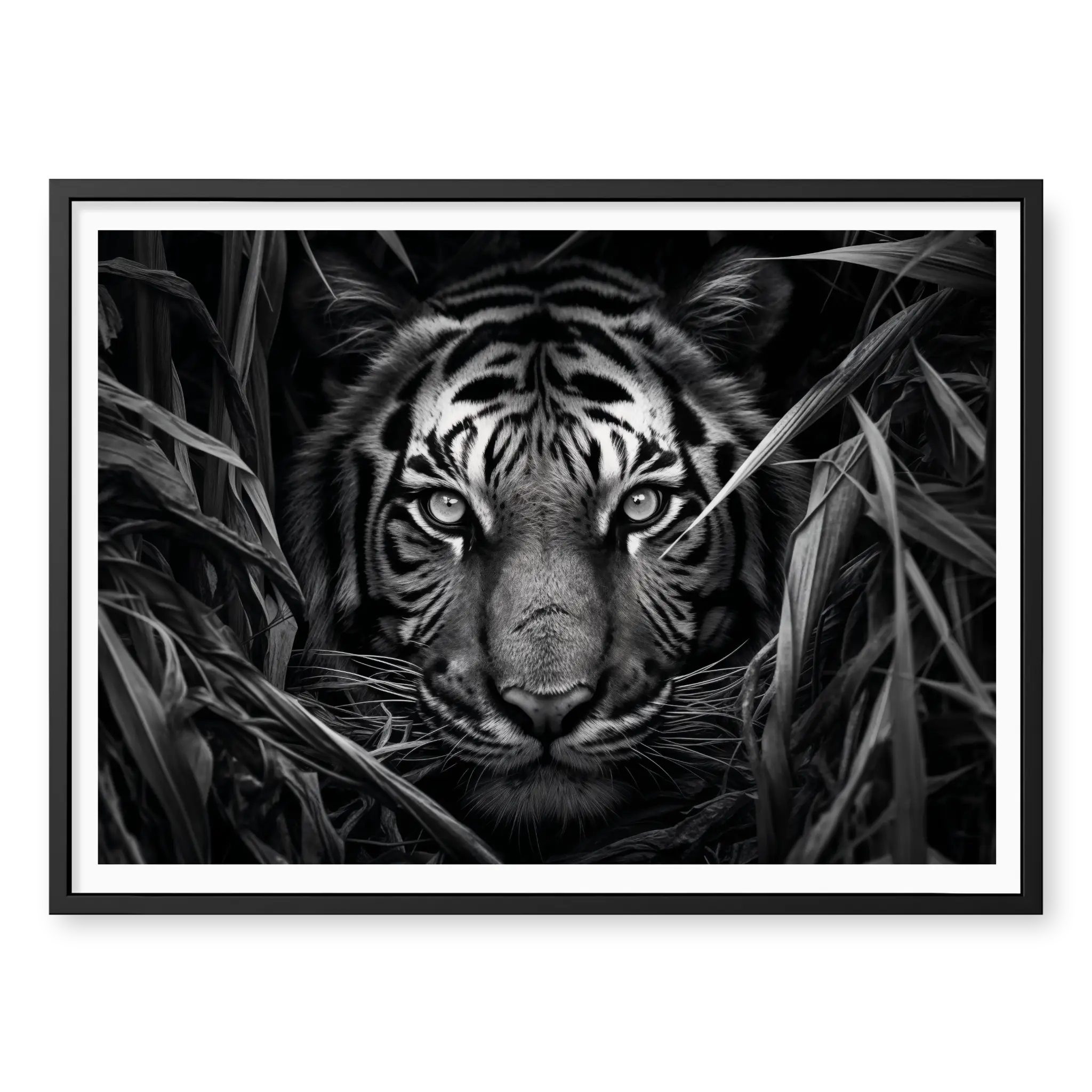 Close-up of a tiger's face partially hidden by tall dark grass with intense eyes looking forward, black and white art print titled Paranoia in black frame