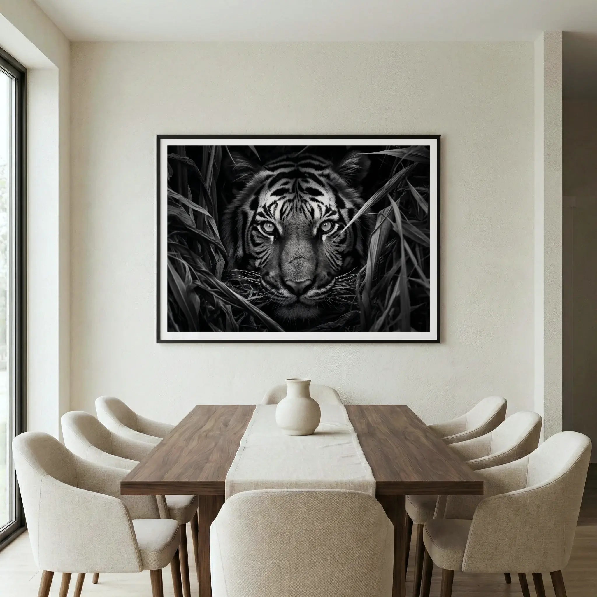 Framed black and white art print with tiger hiding in grass, titled Paranoia displayed in dining room