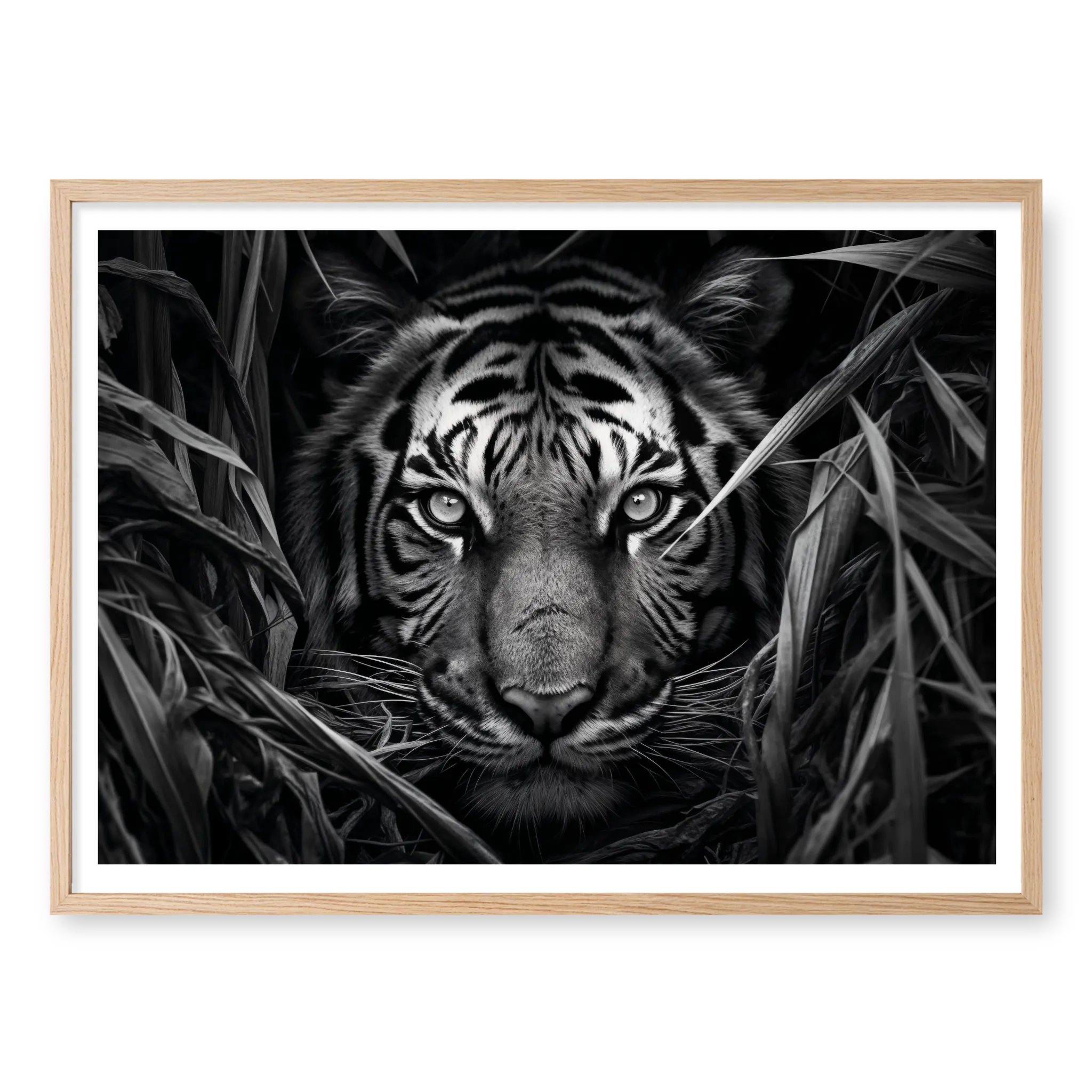 Close-up of a tiger's face partially hidden by tall dark grass with intense eyes looking forward, black and white art print titled Paranoia in natural oak frame