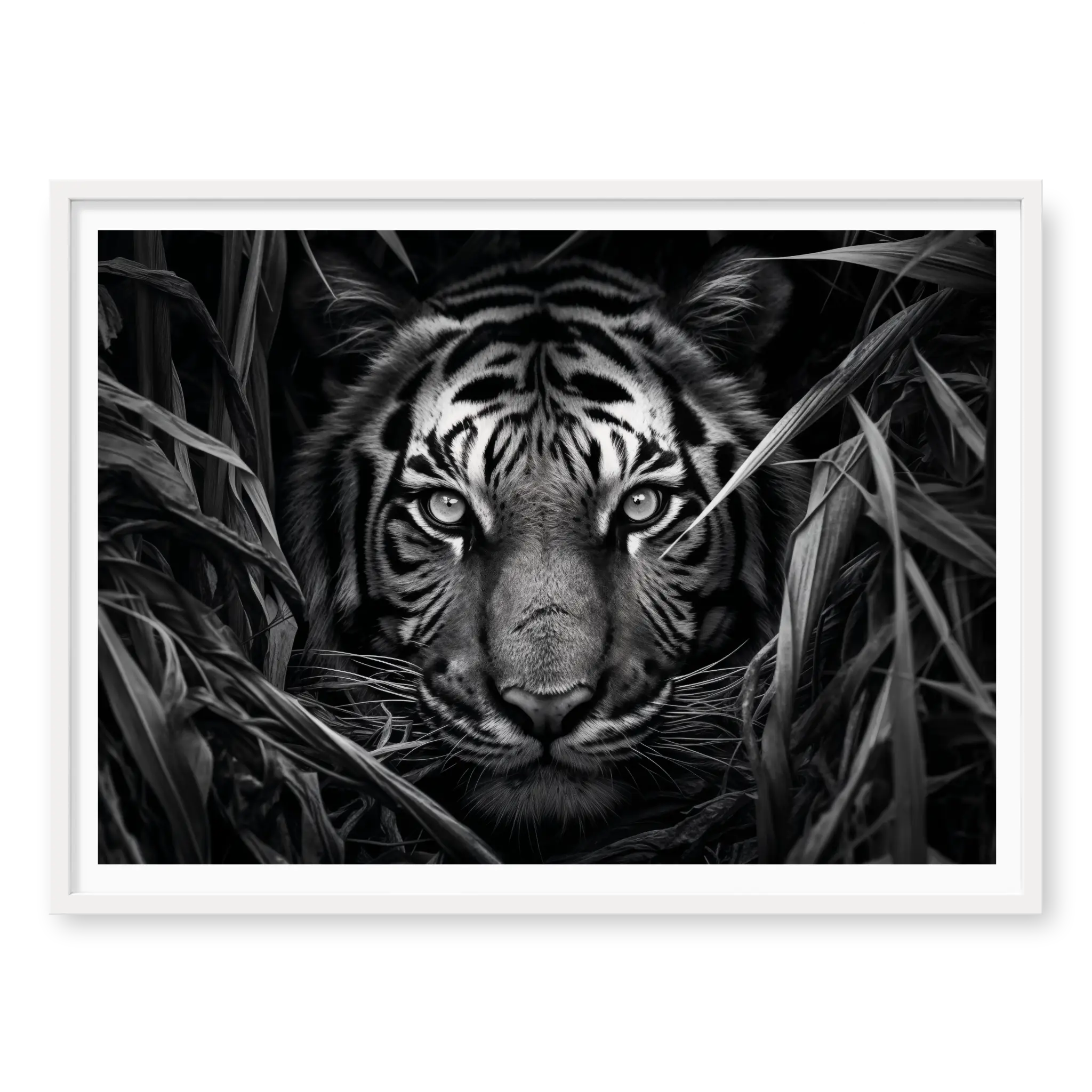 Close-up of a tiger's face partially hidden by tall dark grass with intense eyes looking forward, black and white art print titled Paranoia in white frame