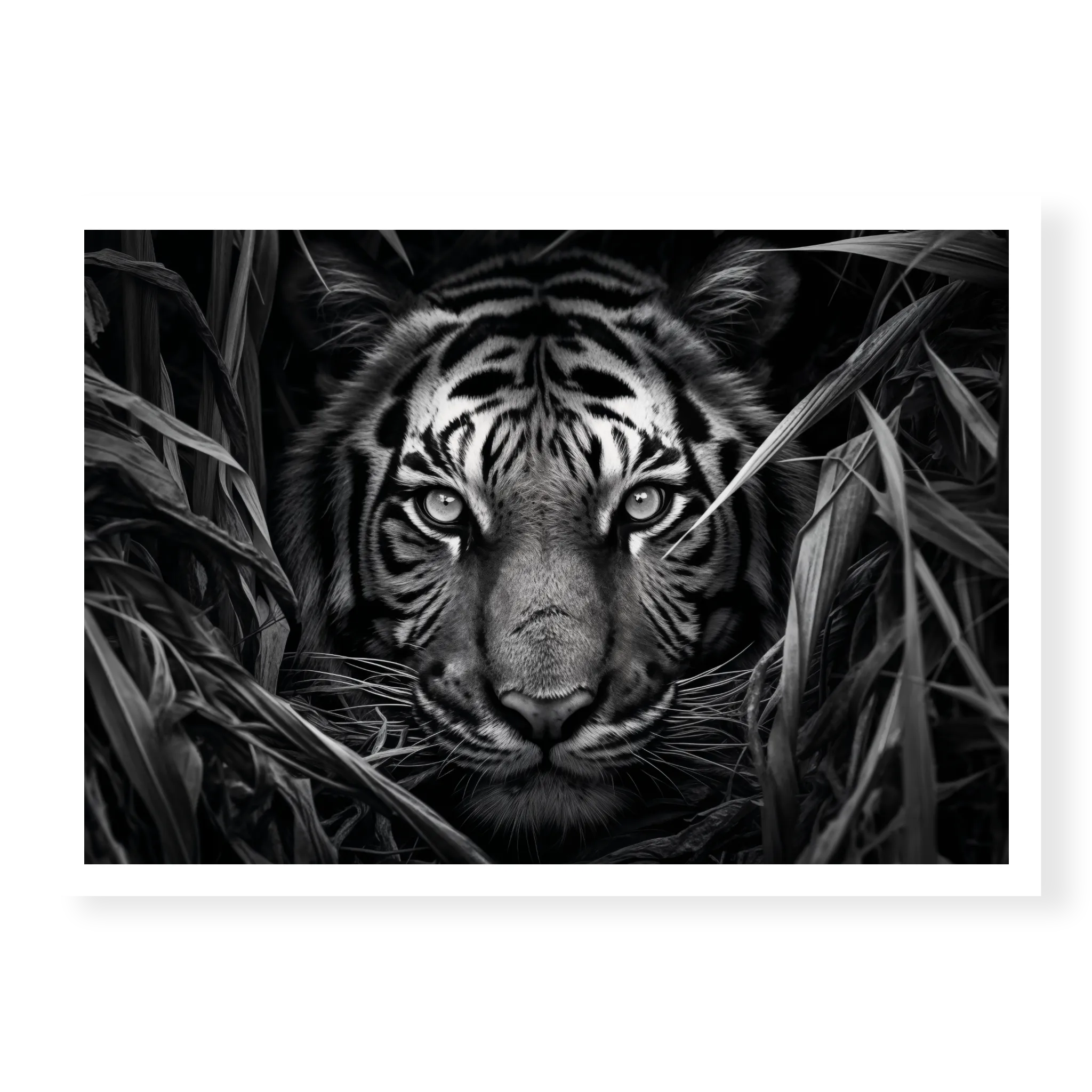 Close-up of a tiger's face partially hidden by tall dark grass with intense eyes looking forward, black and white art print titled Paranoia