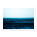 Minimalist seascape with deep blue water textured by falling rain fading into a misty white horizon, art print titled Petrichor