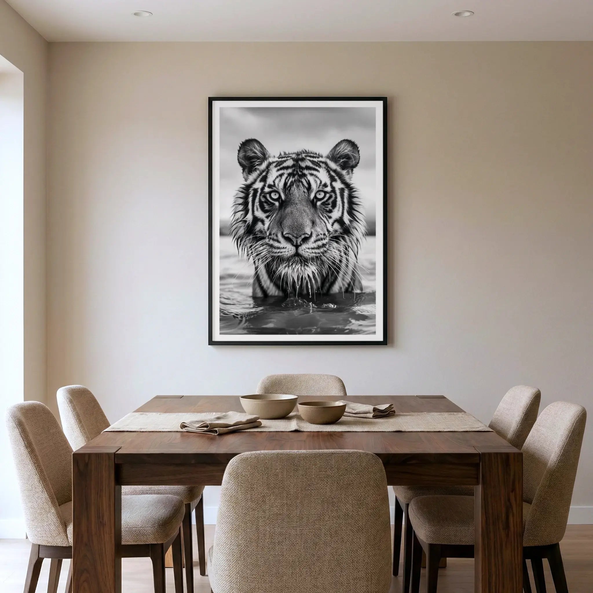 Framed black and white wildlife art print with tiger in water, titled Pi displayed in dining room
