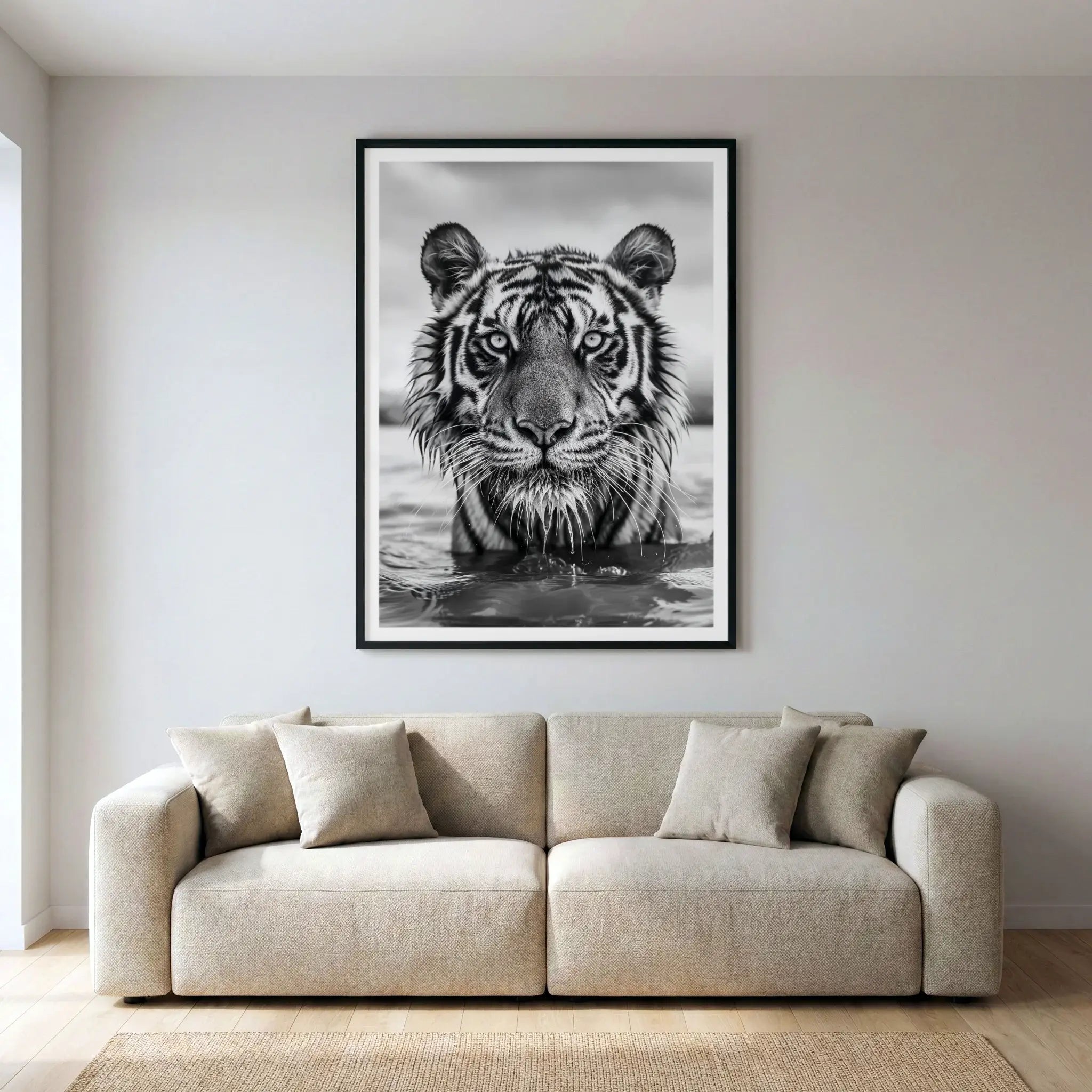 Framed black and white wildlife art print with tiger in water, titled Pi displayed in living room
