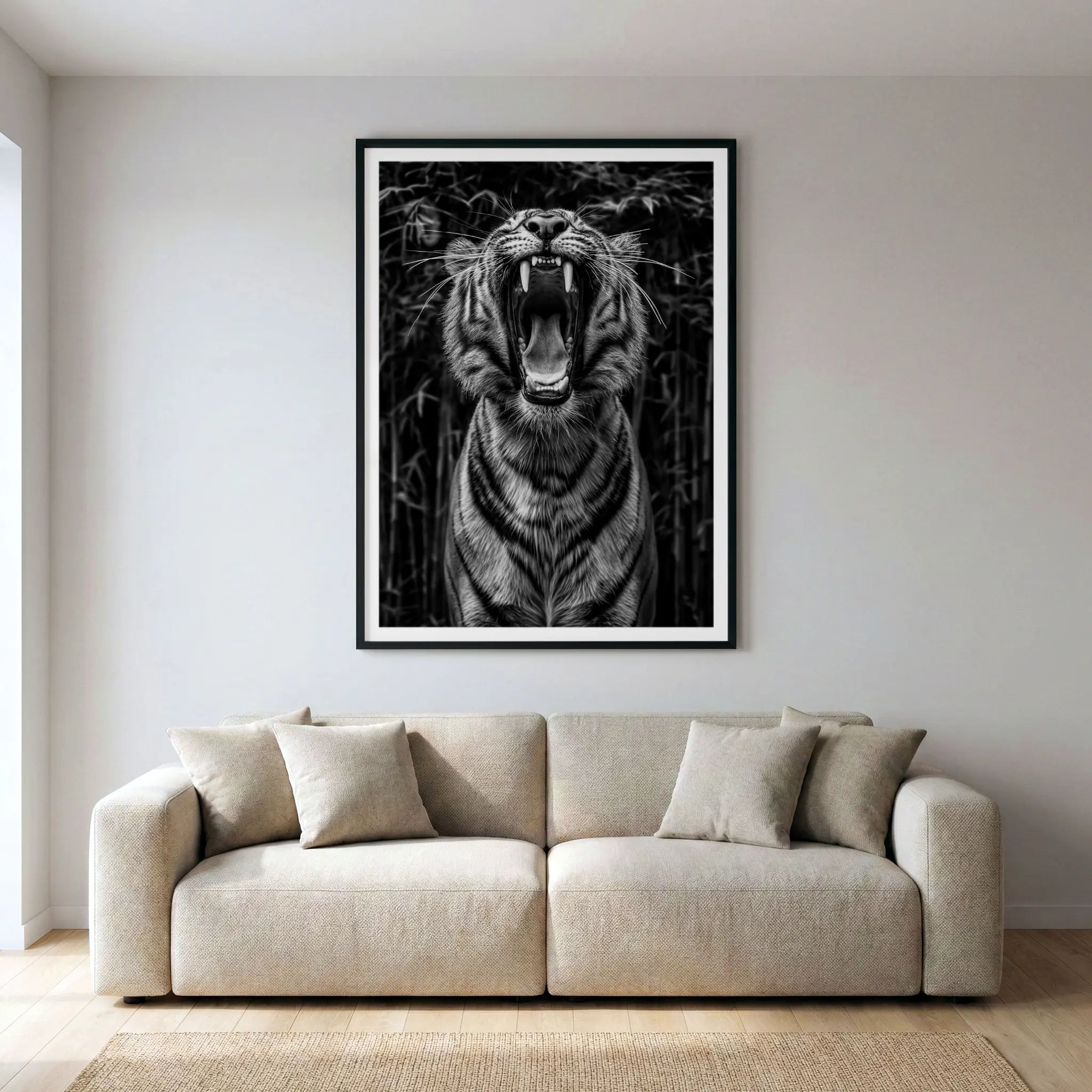 Framed black and white art print with roaring tiger, titled Rawr displayed in living room