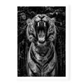 Low-angle portrait of a tiger roaring upwards with mouth wide open and teeth visible against a dark bamboo background, black and white art print titled Rawr