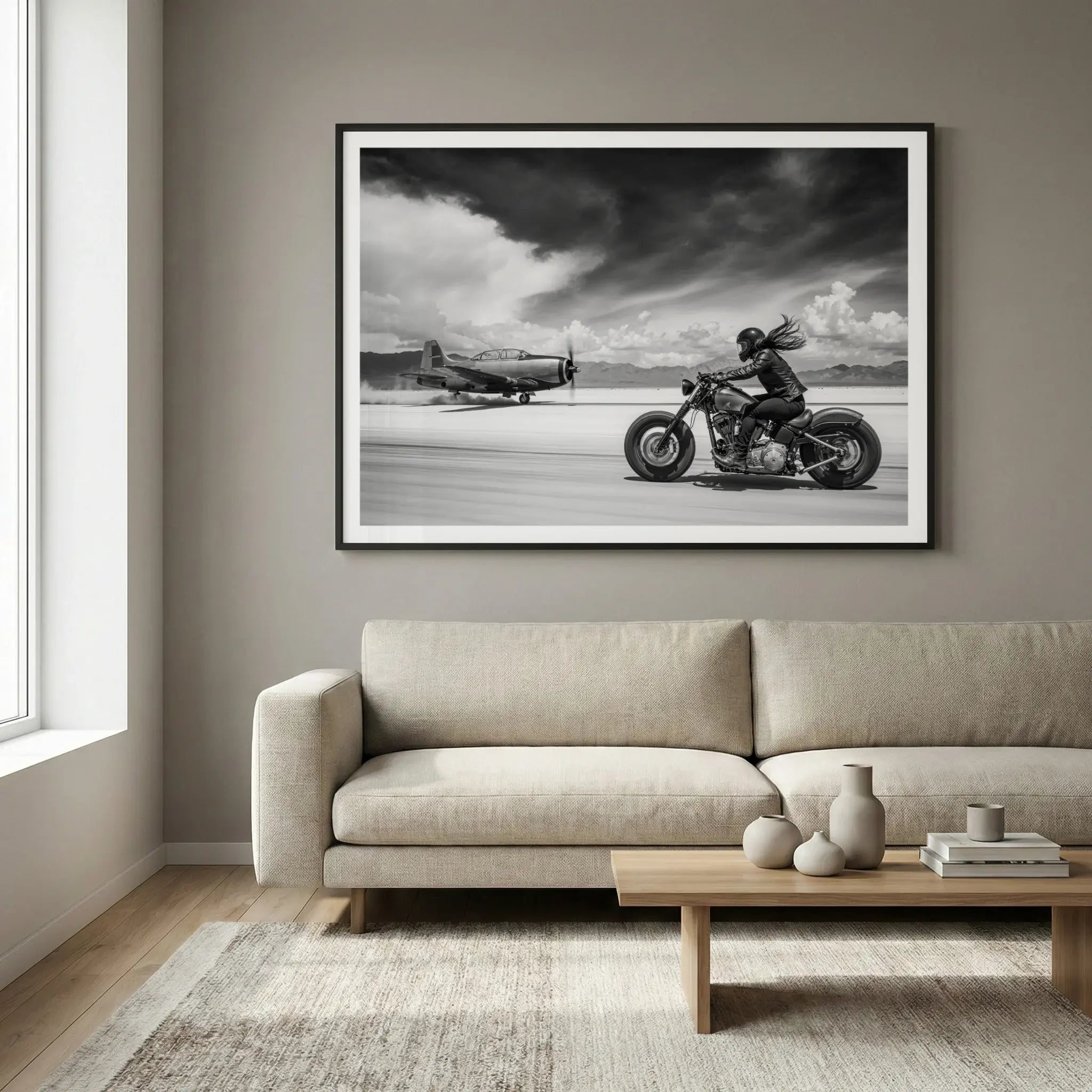 Framed automotive art print with motorcycle racing a plane, titled Ride or Die displayed in living room
