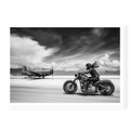 Side view of a rider on a motorcycle racing down a runway alongside a vintage propeller plane, black and white art print titled Ride or Die