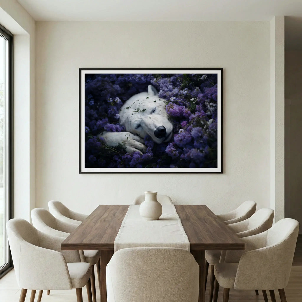 Framed wildlife art print with sleeping polar bear and purple flowers, titled Royalty displayed in dining room