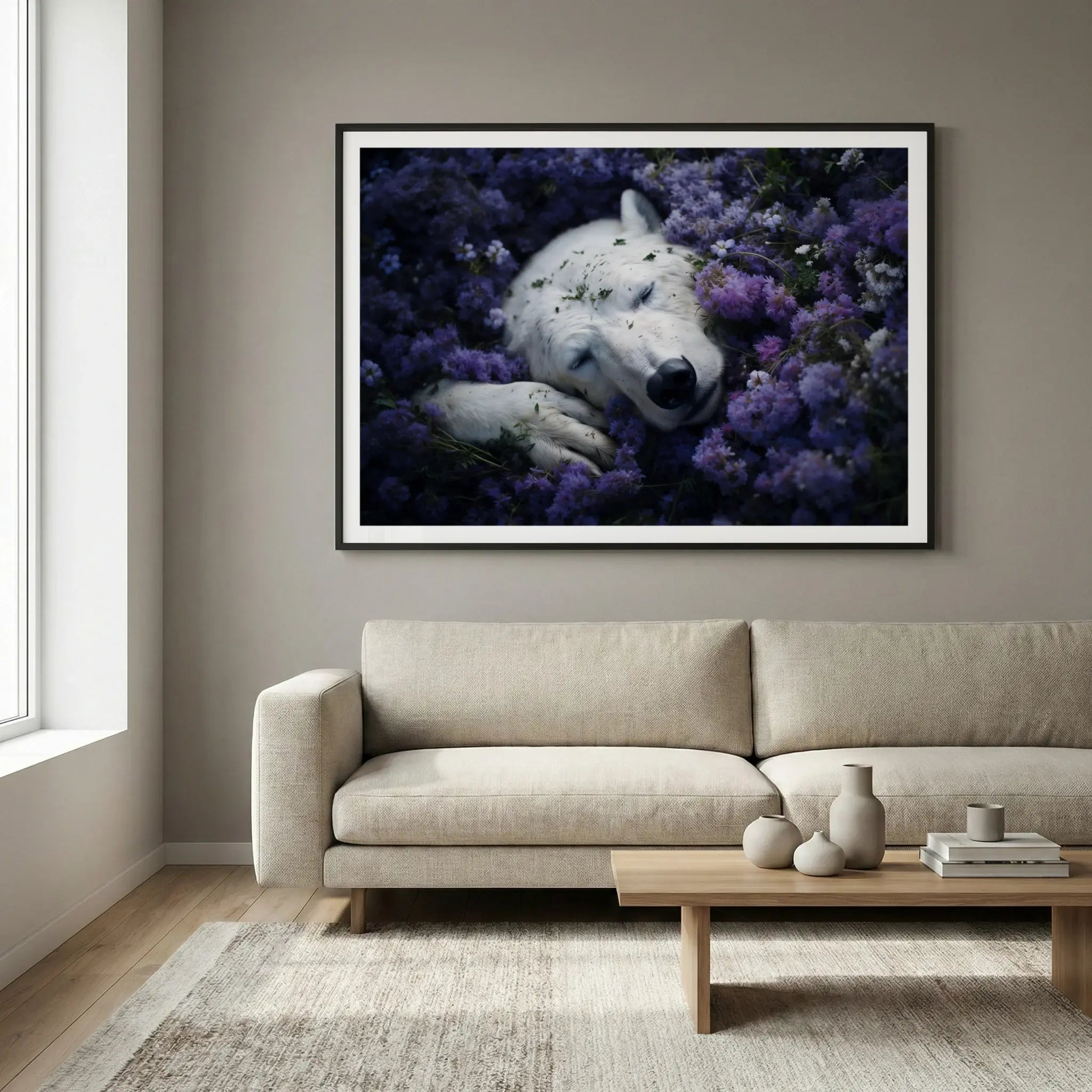 Framed wildlife art print with sleeping polar bear and purple flowers, titled Royalty displayed in living room