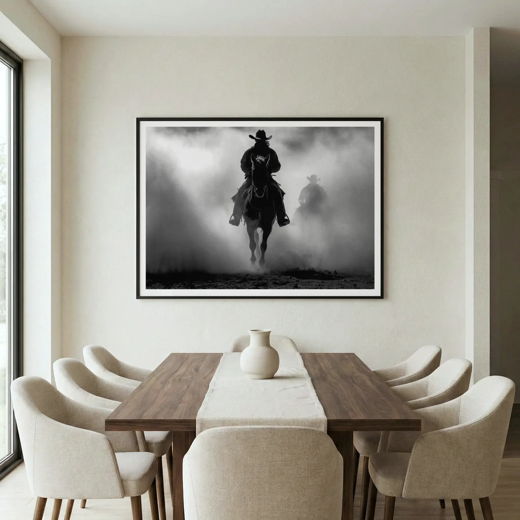 Framed western art print with cowboys riding through dust, titled Searchers displayed in dining room