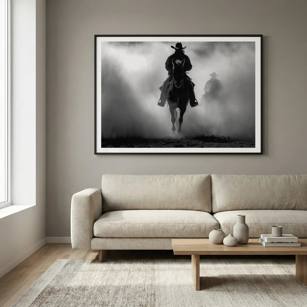 Framed western art print with cowboys riding through dust, titled Searchers displayed in living room