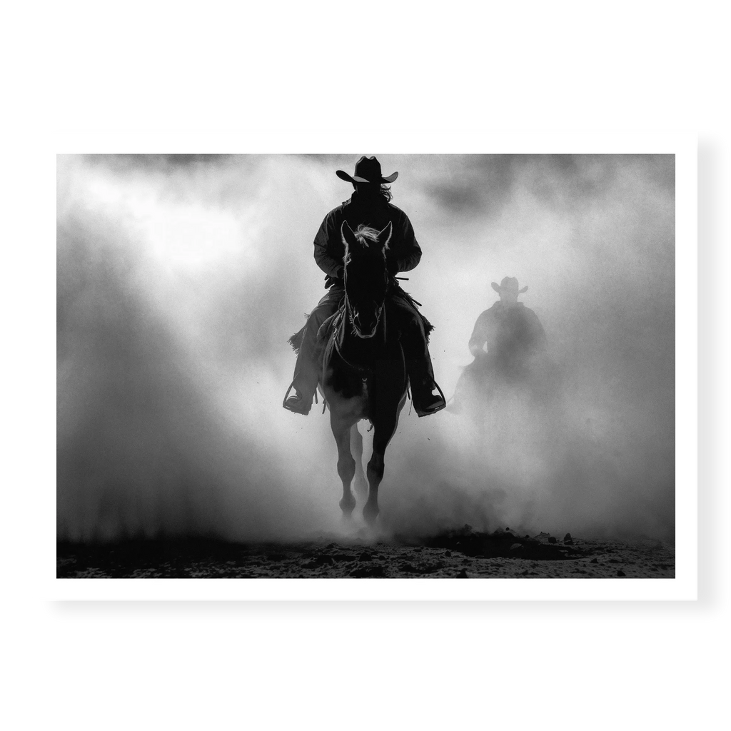 Silhouette of a cowboy riding a horse head-on through thick dust and fog, with a second rider fading into the background, black and white art print titled Searchers
