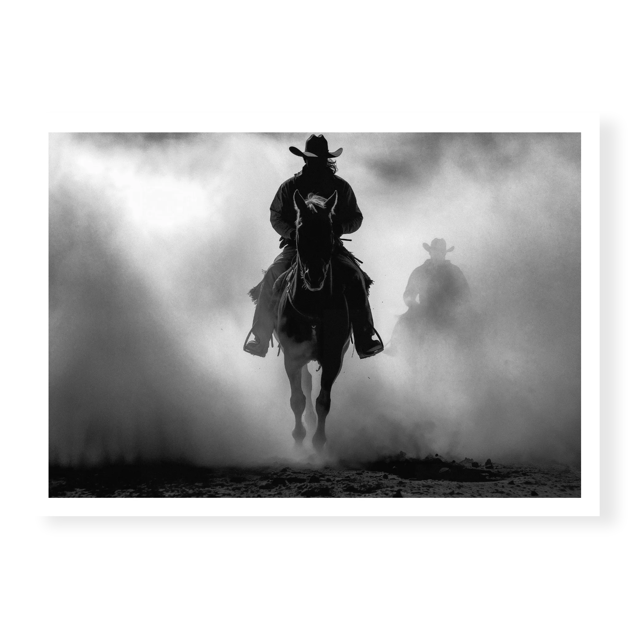 Silhouette of a cowboy riding a horse head-on through thick dust and fog, with a second rider fading into the background, black and white art print titled Searchers