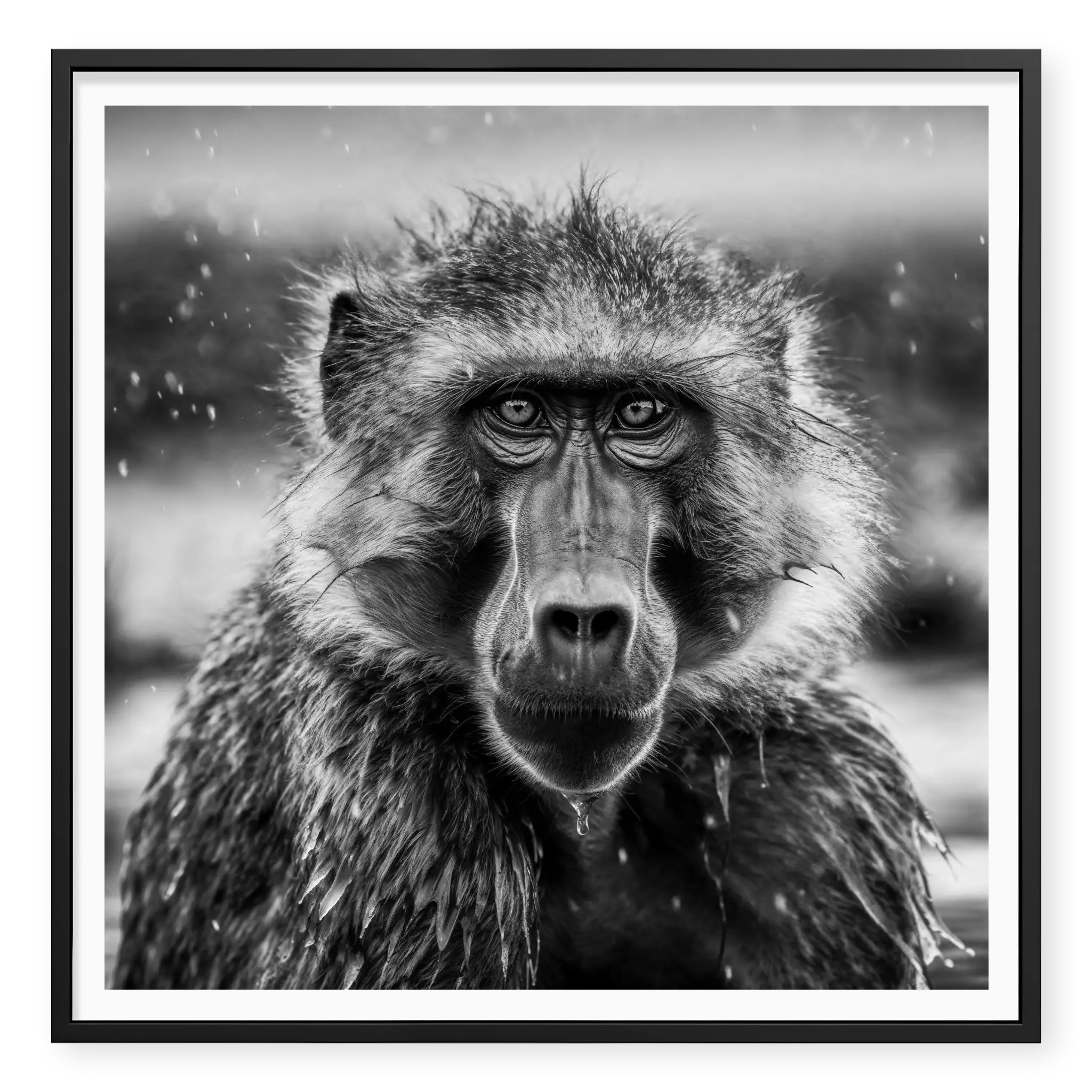 Close-up front-facing portrait of a baboon looking directly at the camera with rain falling and wet fur, black and white art print titled Seen in black frame