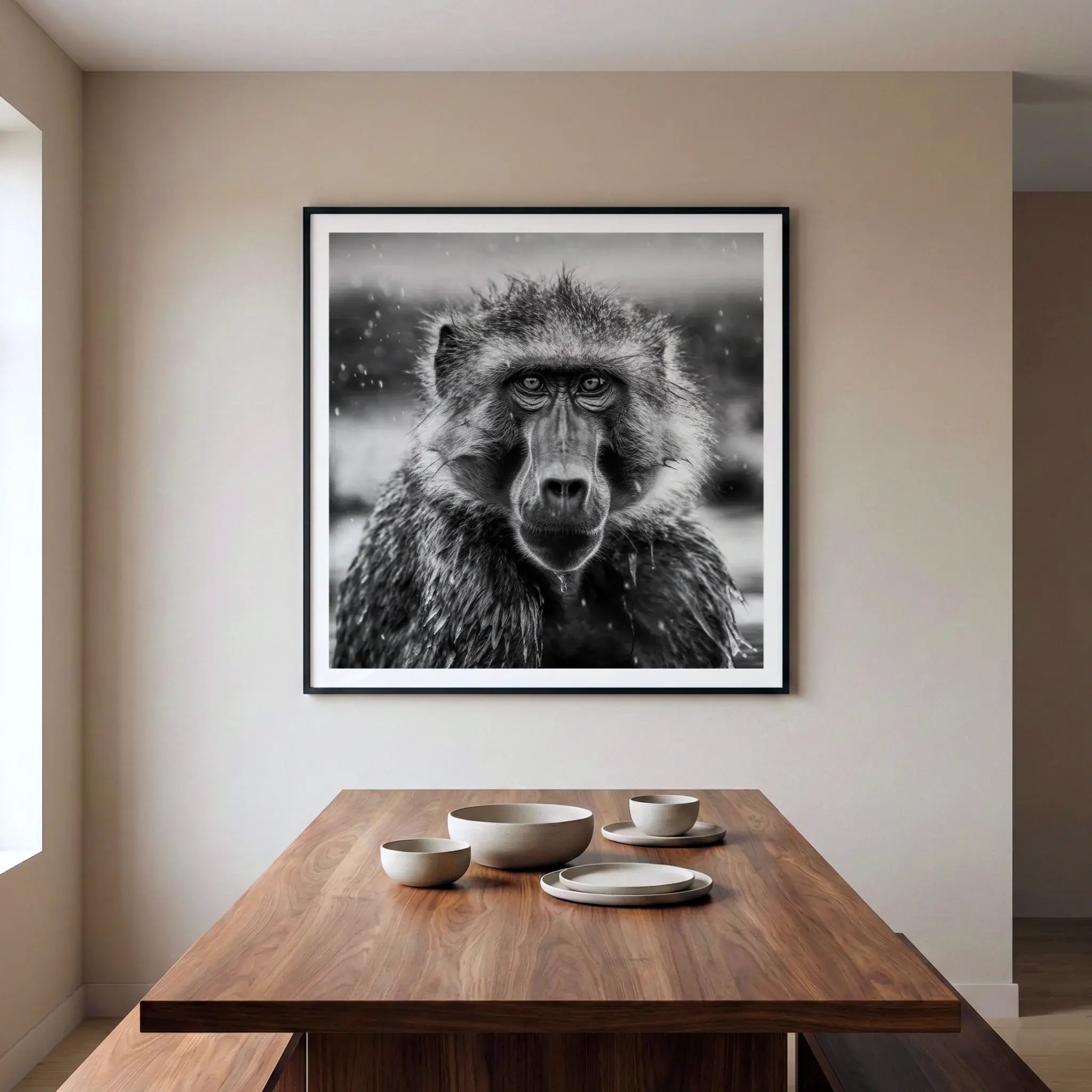 Framed black and white wildlife art print with baboon in rain, titled Seen displayed in dining room