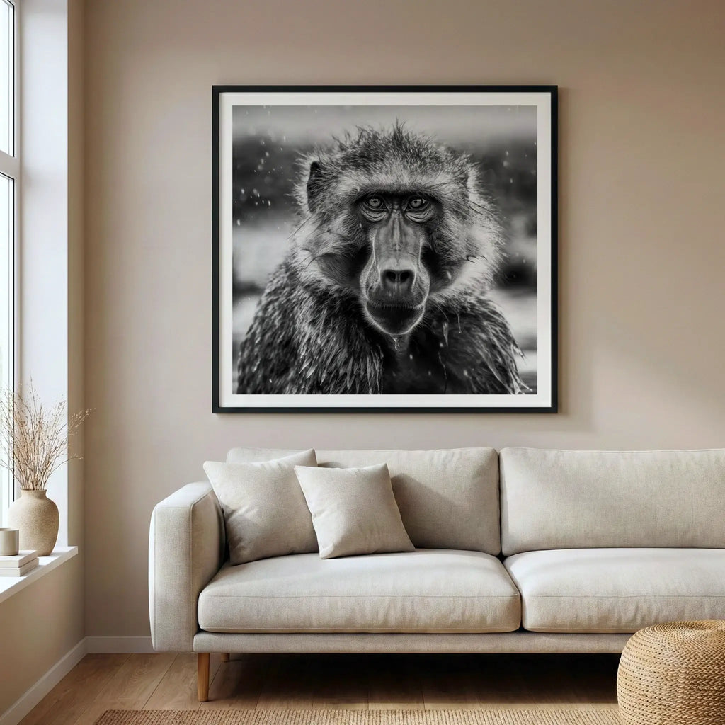 Framed black and white wildlife art print with baboon in rain, titled Seen displayed in living room