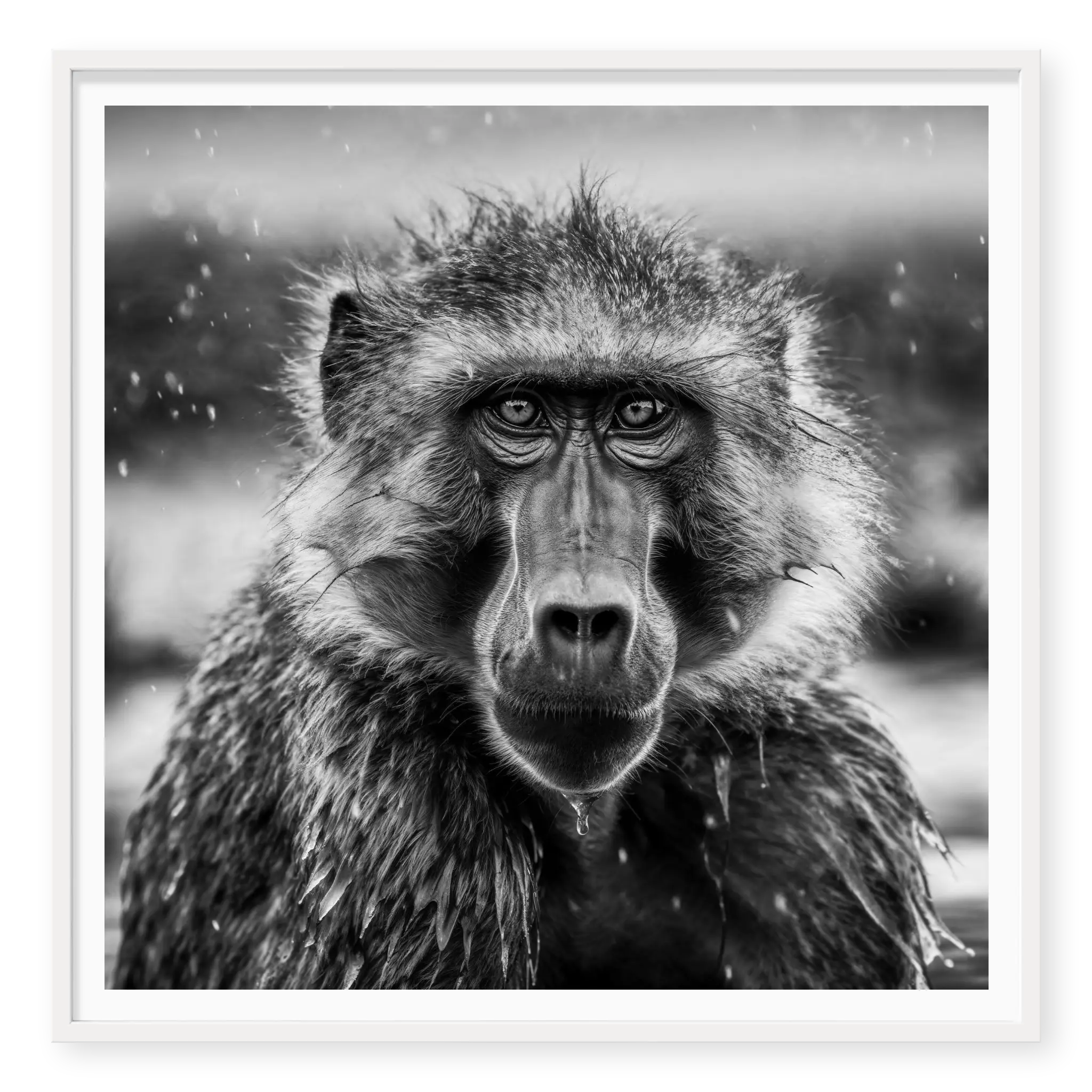 Close-up front-facing portrait of a baboon looking directly at the camera with rain falling and wet fur, black and white art print titled Seen in white frame