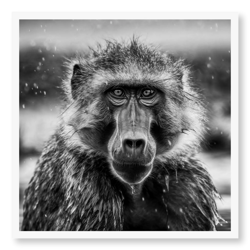 Close-up front-facing portrait of a baboon looking directly at the camera with rain falling and wet fur, black and white art print titled Seen