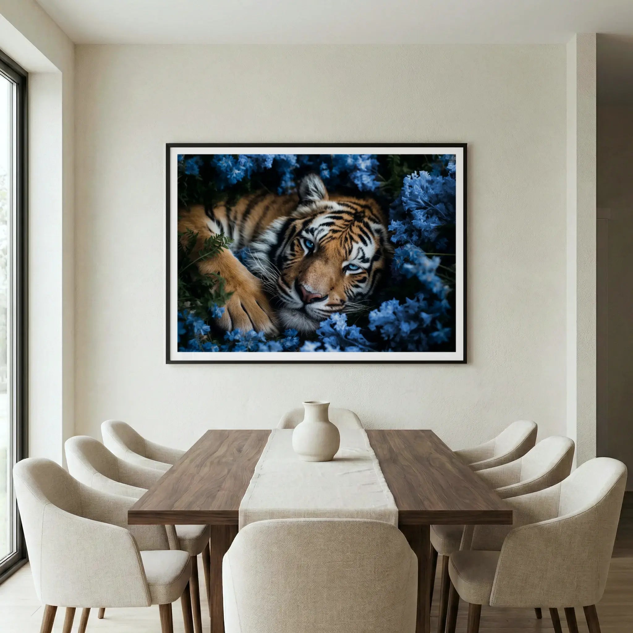 Framed wildlife art print with tiger and blue flowers, titled Serenity displayed in dining room