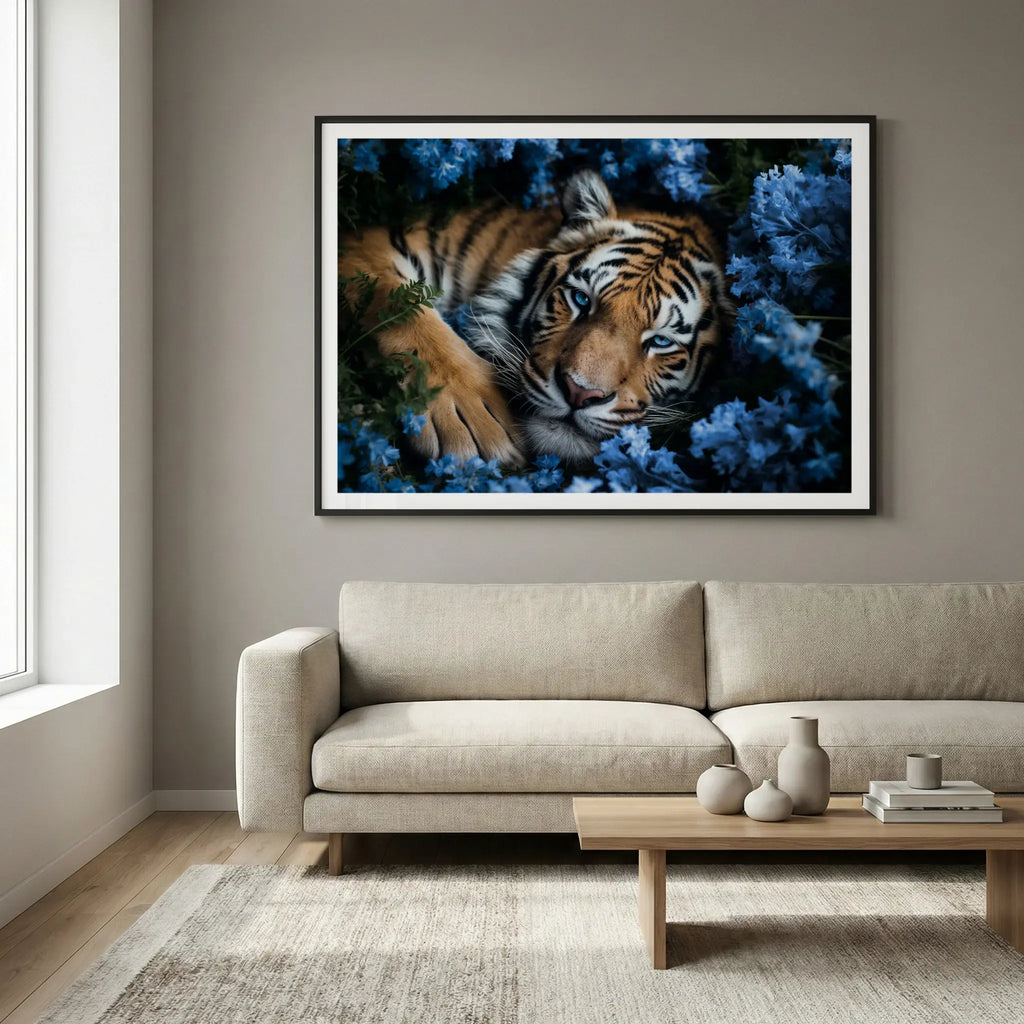 Framed wildlife art print with tiger and blue flowers, titled Serenity displayed in living room