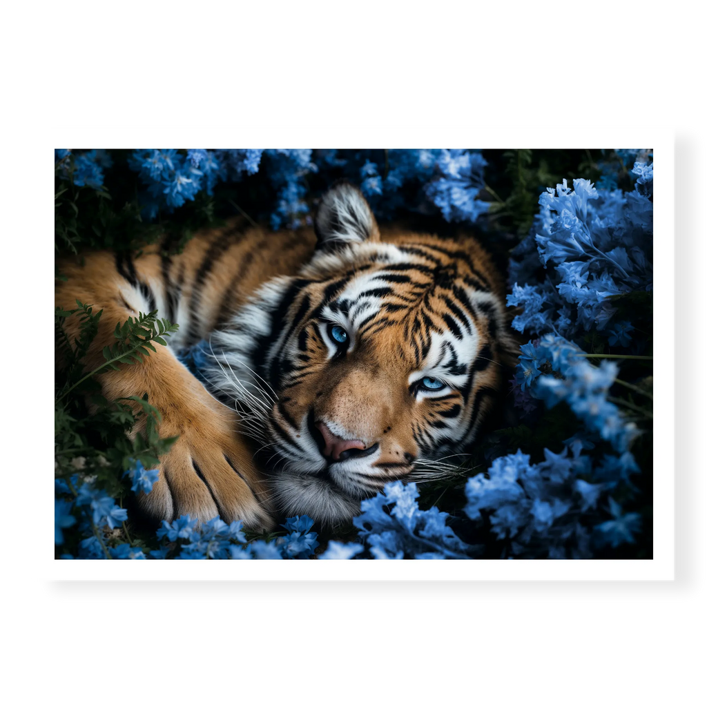 Close-up top-down view of a tiger with piercing blue eyes resting peacefully in a bed of blue flowers, art print titled Serenity
