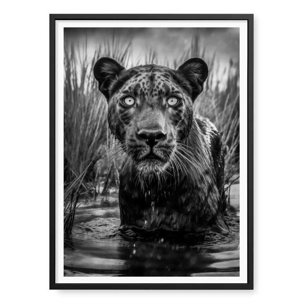 Portrait of a black panther wading in water with chest visible and reeds in the background, black and white art print titled Shuri in black frame